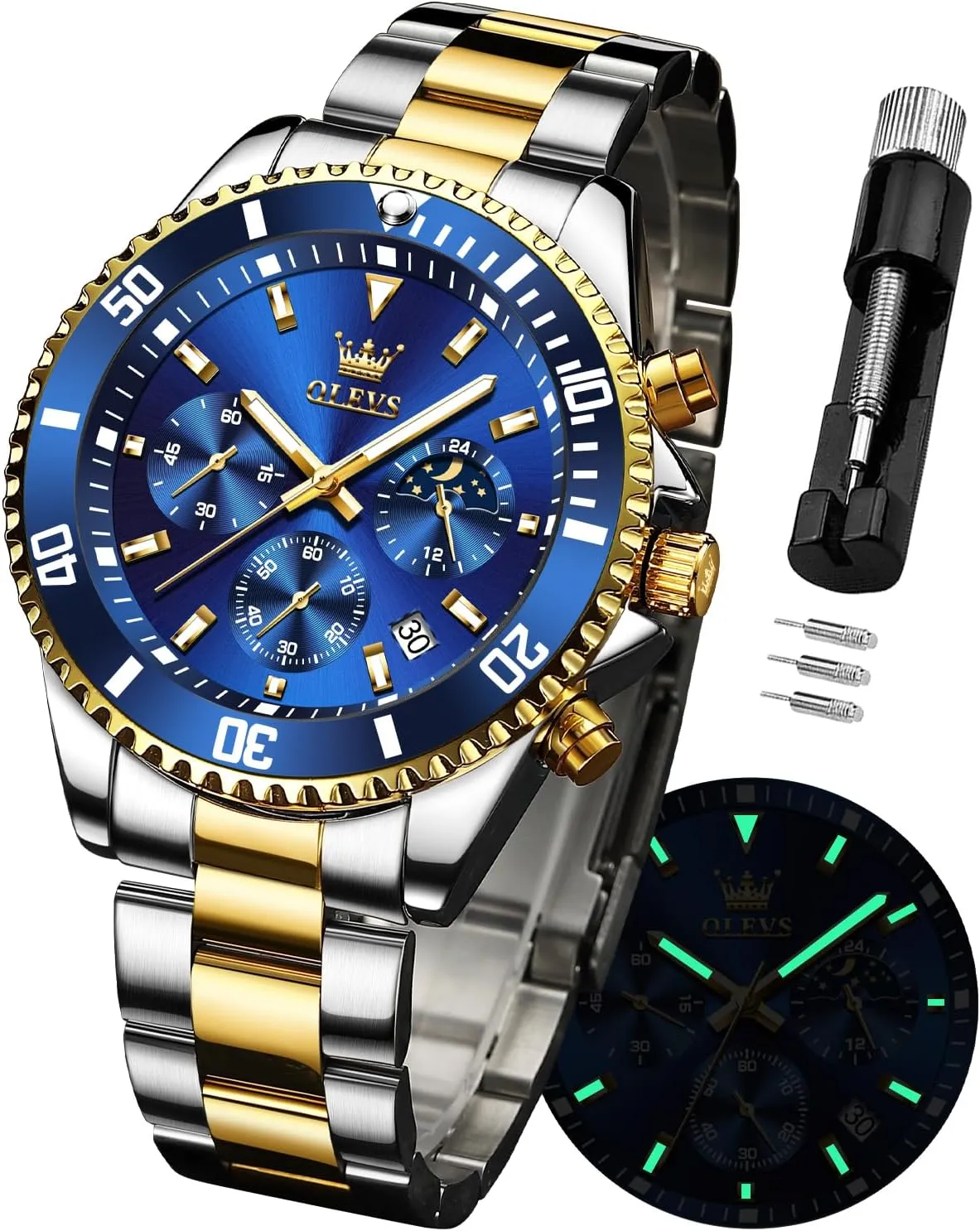 OLEVS Watches for Men Stainless Steel Analog Quartz Chronograph Moon Phase Watch Waterproof Date Luminous Wrist Male Watches,Gift for Men