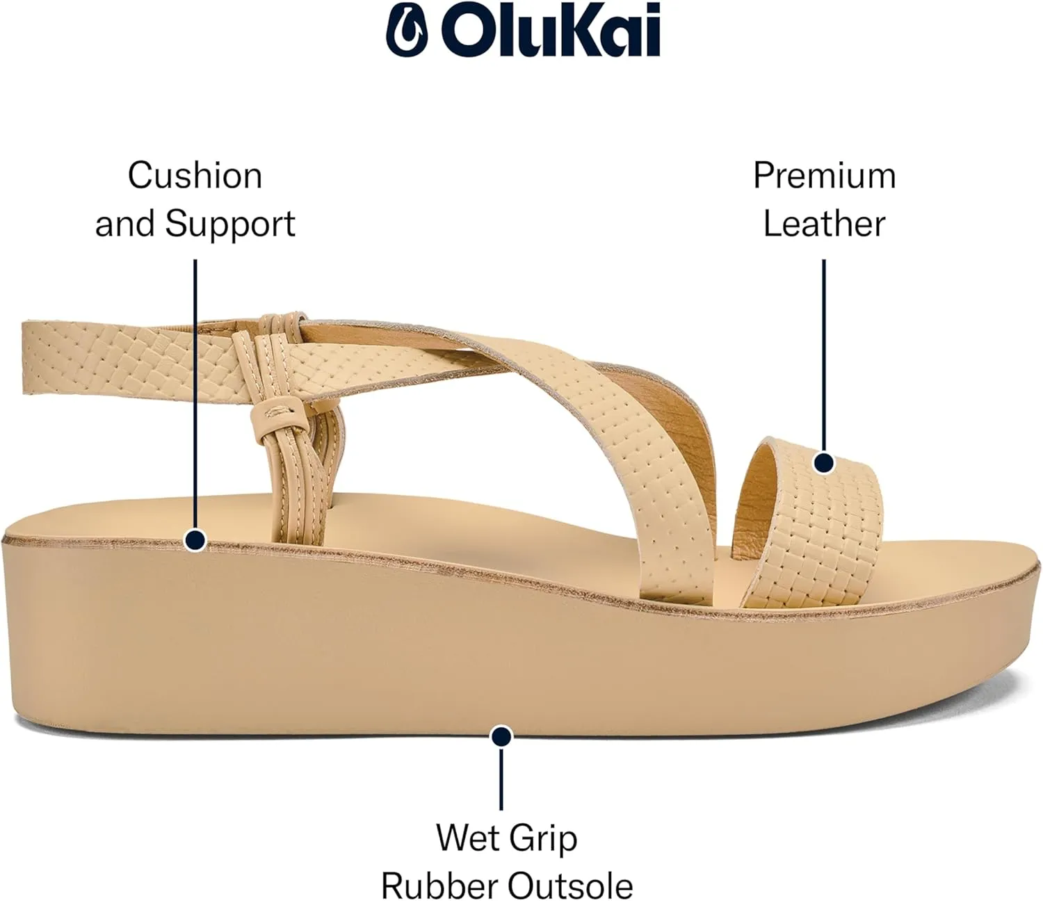 OLUKAI Onohi Women's Strappy Leather Sandals, Premium Platform Sandals with Full Grain Leather, Comfortable & Versatile, All-Day Wear