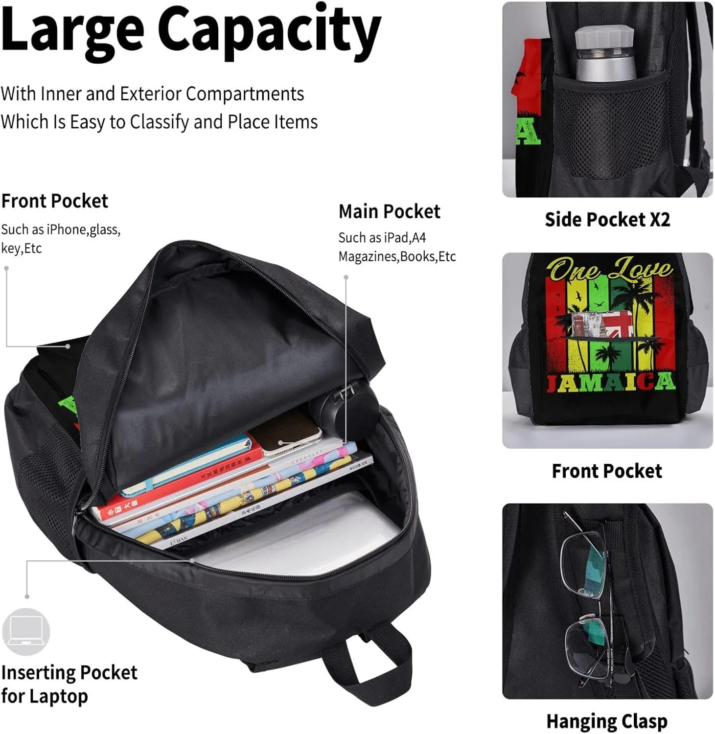 One Loves Tropical Island Rastafari Jamaica Multifunctional Pocket Backpack Crossbody Lunch Bag Pencil Case 3Pcs Set Large Capacity Backpack