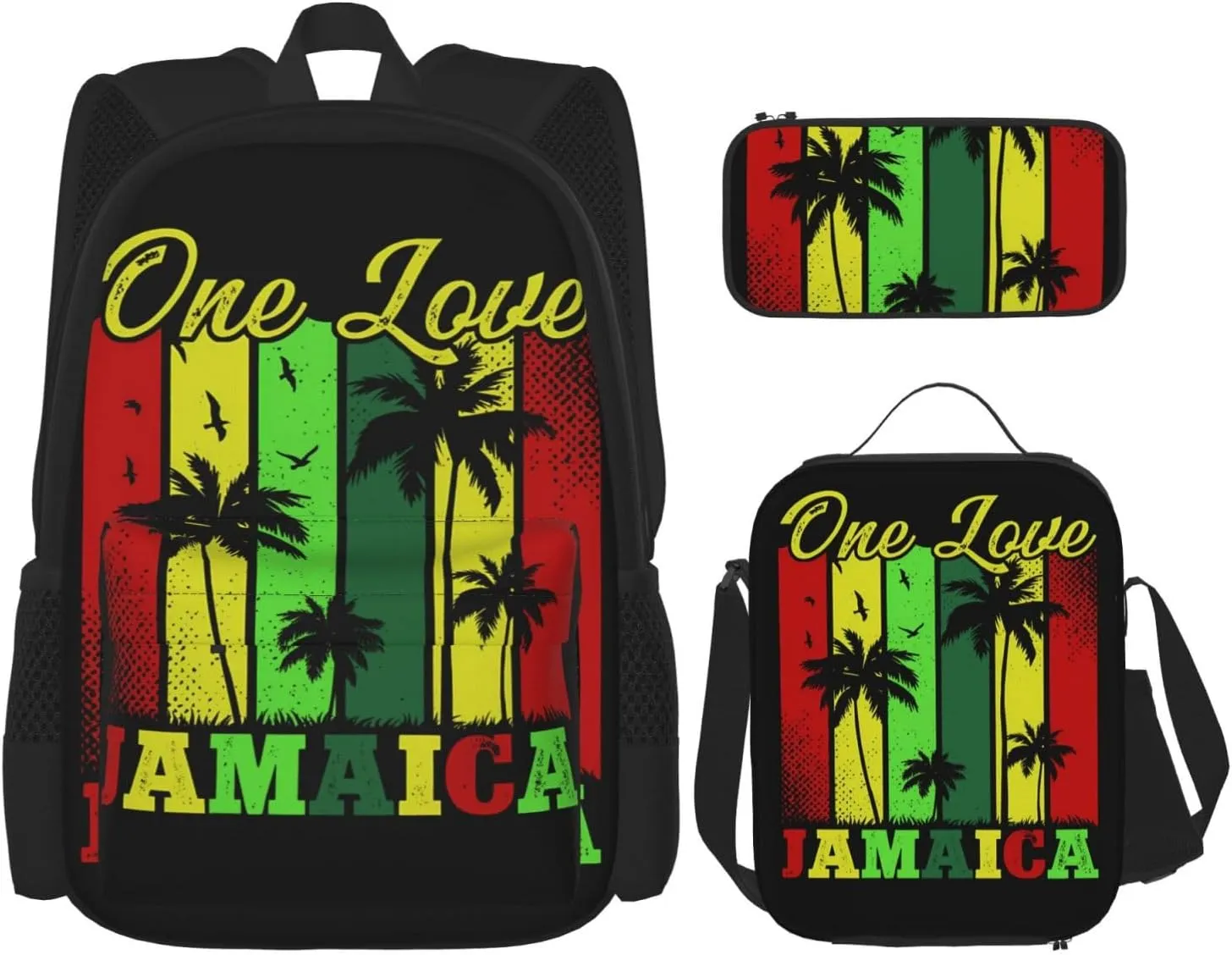 One Loves Tropical Island Rastafari Jamaica Multifunctional Pocket Backpack Crossbody Lunch Bag Pencil Case 3Pcs Set Large Capacity Backpack