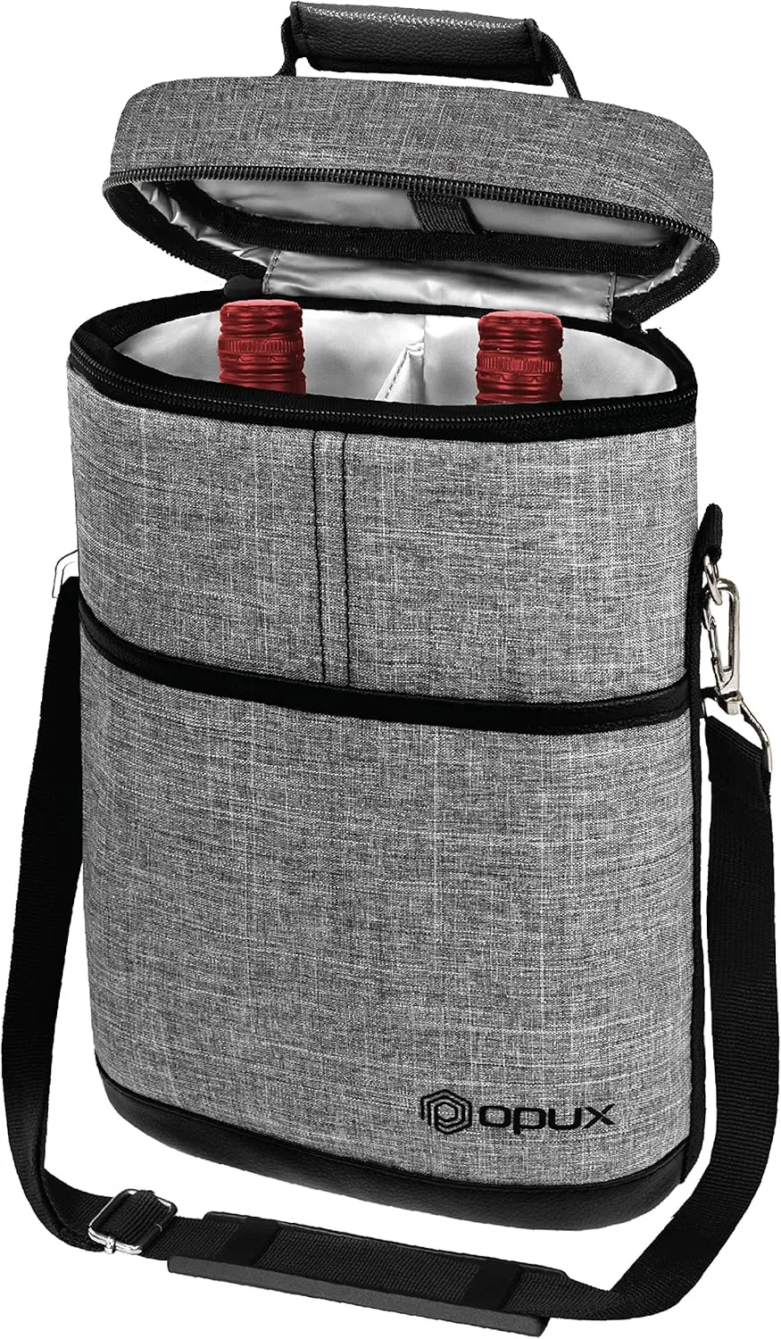 opux 2 Bottle Wine Carrier Tote, Insulated Leakproof Wine Cooler Bag, Wine Travel Bag for Picnic BYOB Beach, Portable Wine Bottle Carrying Case, Gift for Wine Lover Women Men Christmas, Heather Grey