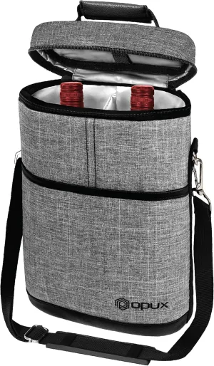 opux 2 Bottle Wine Carrier Tote, Insulated Leakproof Wine Cooler Bag, Wine Travel Bag for Picnic BYOB Beach, Portable Wine Bottle Carrying Case, Gift for Wine Lover Women Men Christmas, Heather Grey