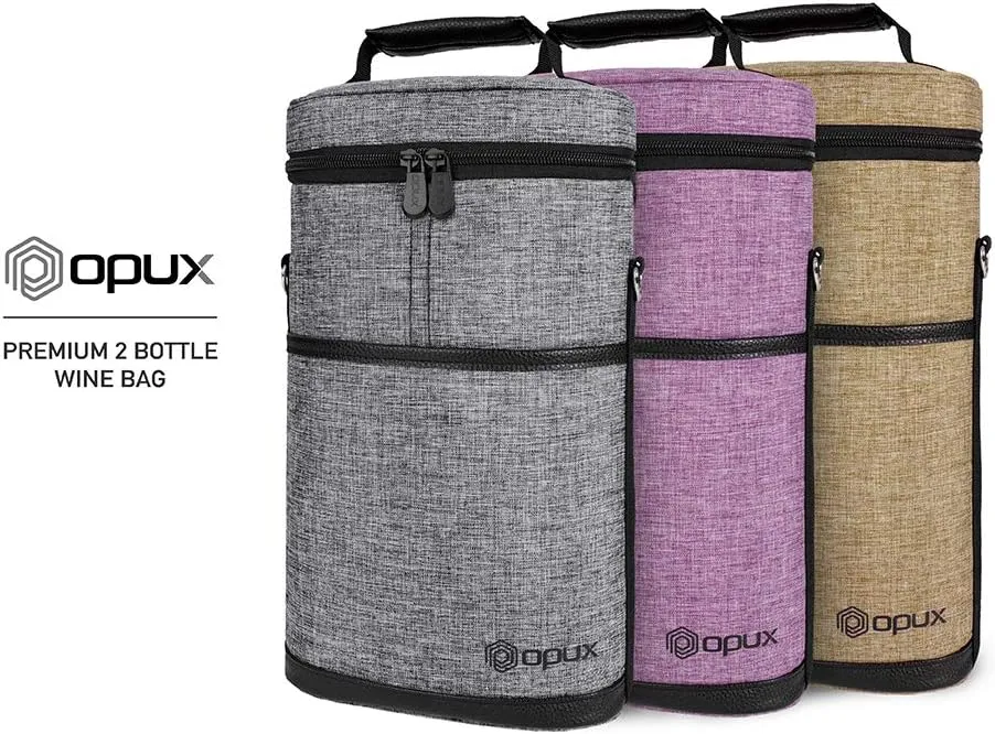 opux 2 Bottle Wine Carrier Tote, Insulated Leakproof Wine Cooler Bag, Wine Travel Bag for Picnic BYOB Beach, Portable Wine Bottle Carrying Case, Gift for Wine Lover Women Men Christmas, Heather Grey