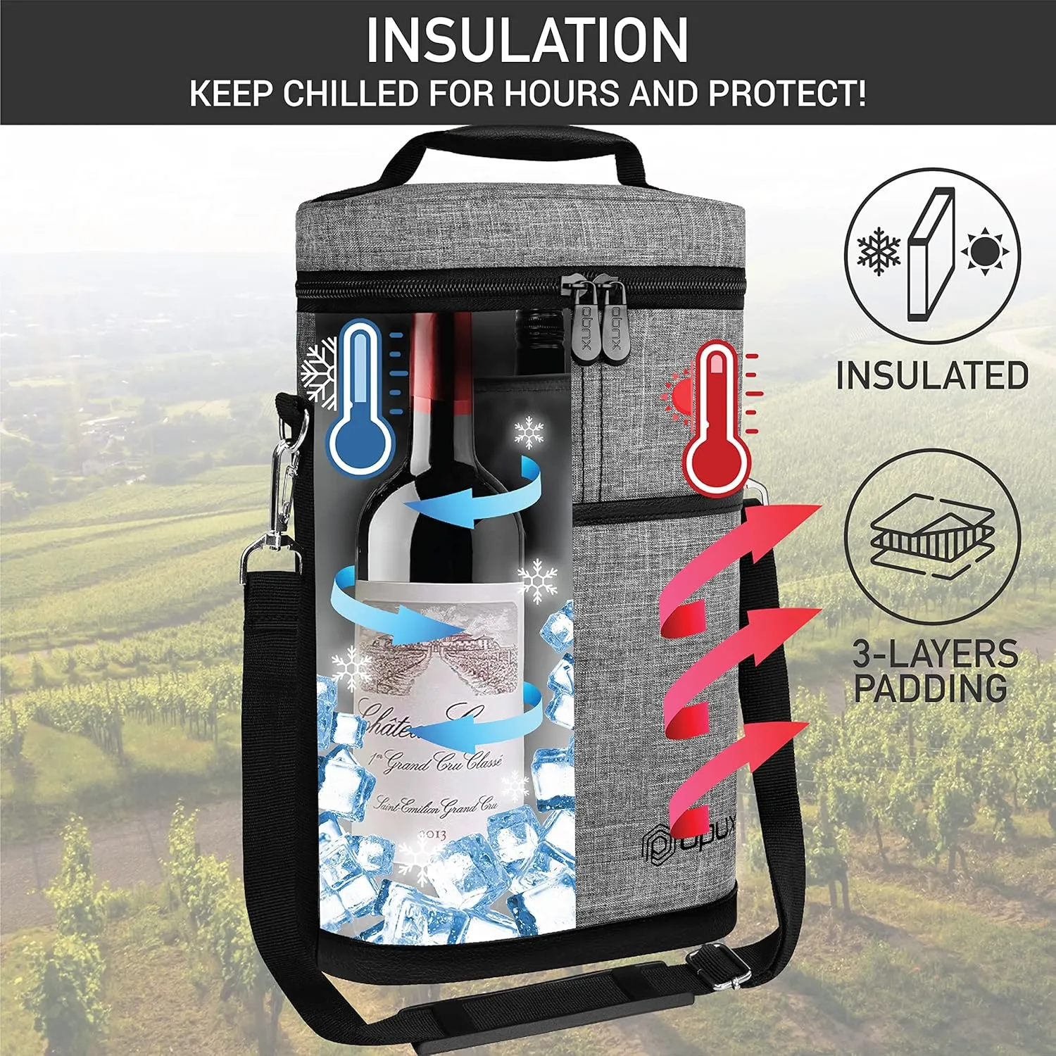 opux 2 Bottle Wine Carrier Tote, Insulated Leakproof Wine Cooler Bag, Wine Travel Bag for Picnic BYOB Beach, Portable Wine Bottle Carrying Case, Gift for Wine Lover Women Men Christmas, Heather Grey