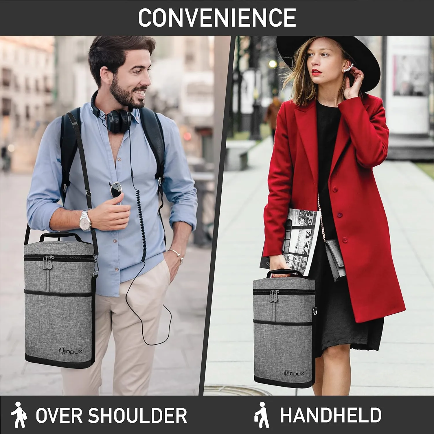 opux 2 Bottle Wine Carrier Tote, Insulated Leakproof Wine Cooler Bag, Wine Travel Bag for Picnic BYOB Beach, Portable Wine Bottle Carrying Case, Gift for Wine Lover Women Men Christmas, Heather Grey