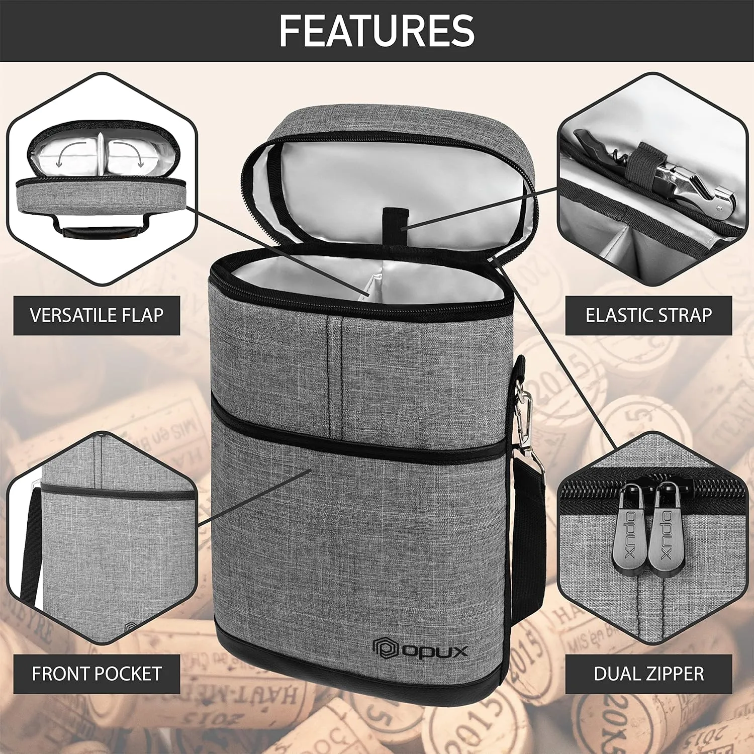 opux 2 Bottle Wine Carrier Tote, Insulated Leakproof Wine Cooler Bag, Wine Travel Bag for Picnic BYOB Beach, Portable Wine Bottle Carrying Case, Gift for Wine Lover Women Men Christmas, Heather Grey