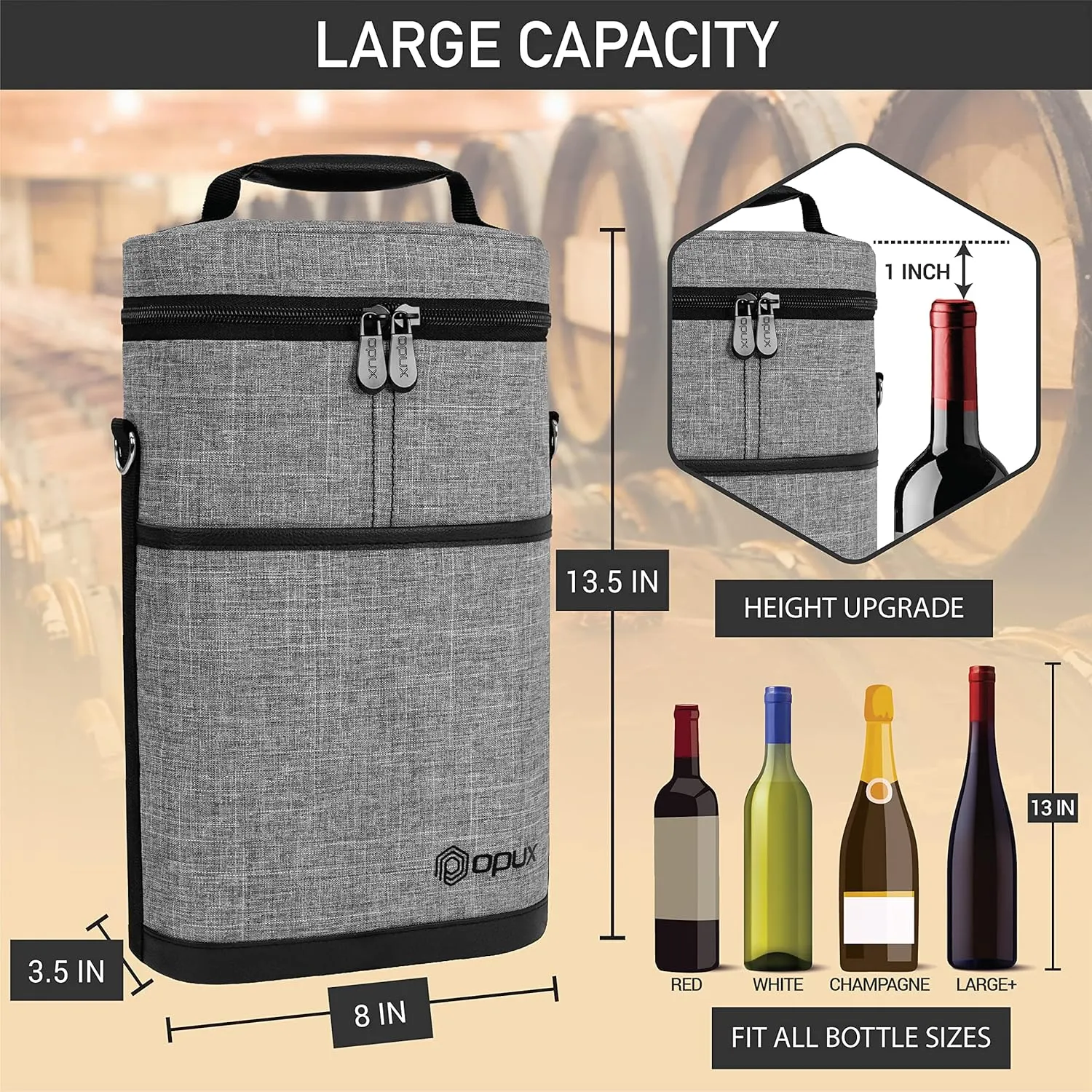 opux 2 Bottle Wine Carrier Tote, Insulated Leakproof Wine Cooler Bag, Wine Travel Bag for Picnic BYOB Beach, Portable Wine Bottle Carrying Case, Gift for Wine Lover Women Men Christmas, Heather Grey
