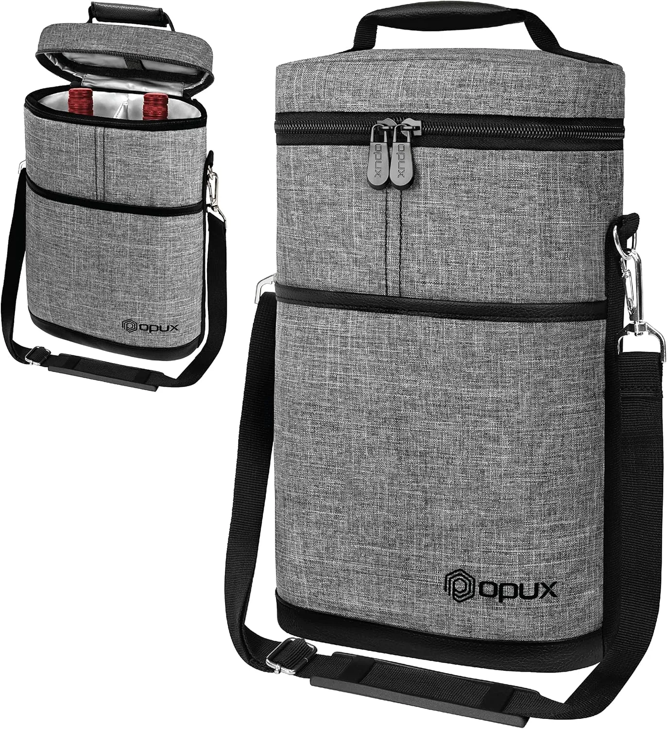 opux 2 Bottle Wine Carrier Tote, Insulated Leakproof Wine Cooler Bag, Wine Travel Bag for Picnic BYOB Beach, Portable Wine Bottle Carrying Case, Gift for Wine Lover Women Men Christmas, Heather Grey