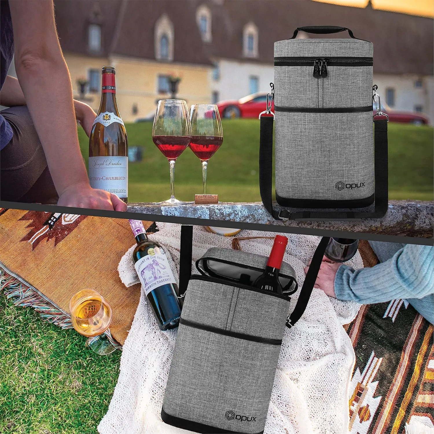 opux 2 Bottle Wine Carrier Tote, Insulated Leakproof Wine Cooler Bag, Wine Travel Bag for Picnic BYOB Beach, Portable Wine Bottle Carrying Case, Gift for Wine Lover Women Men Christmas, Heather Grey