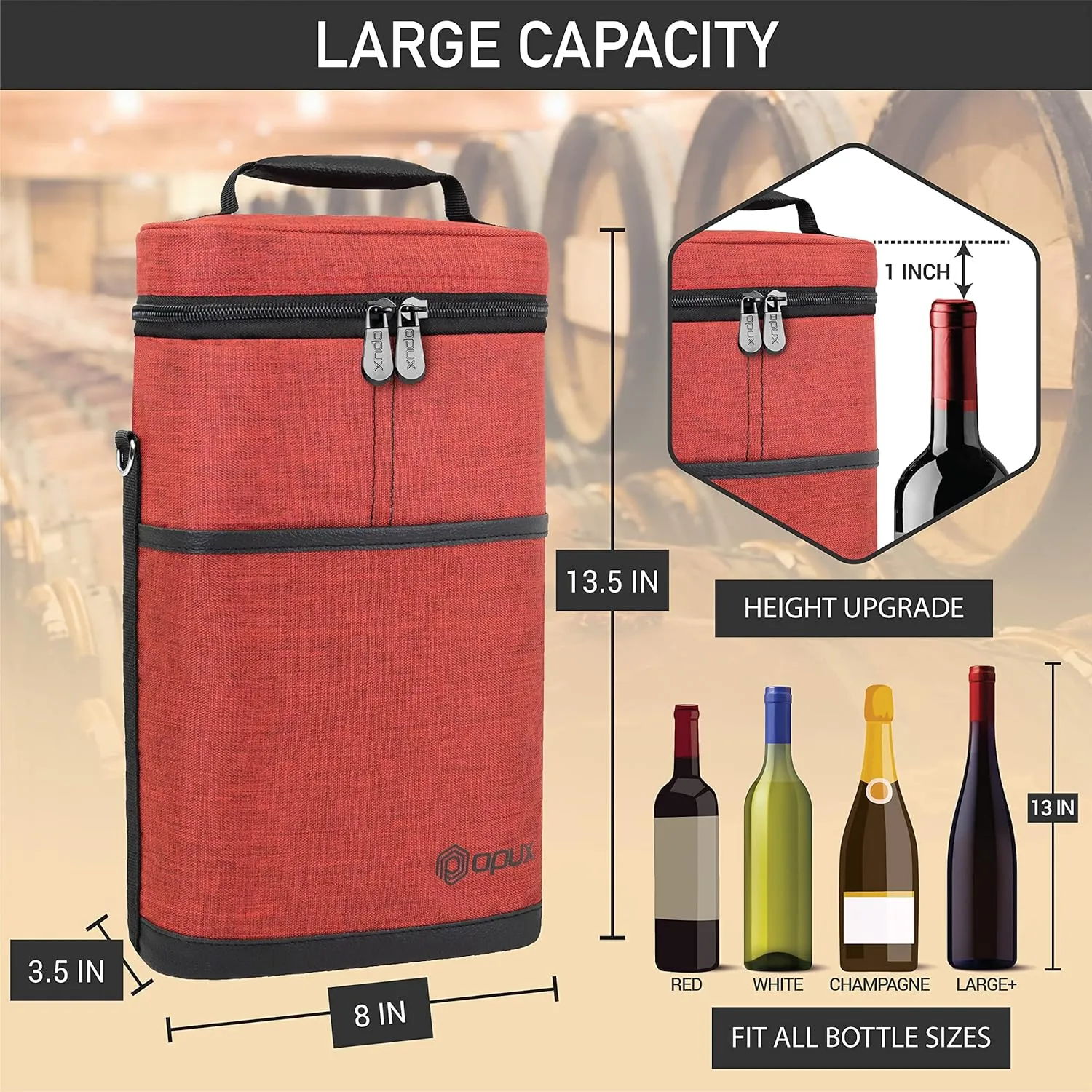 opux 2 Bottle Wine Carrier Tote, Insulated Leakproof Wine Cooler Bag, Wine Travel Bag for Picnic BYOB Beach, Portable Wine Bottle Carrying Case, Gift for Wine Lover Women Men Christmas, Red