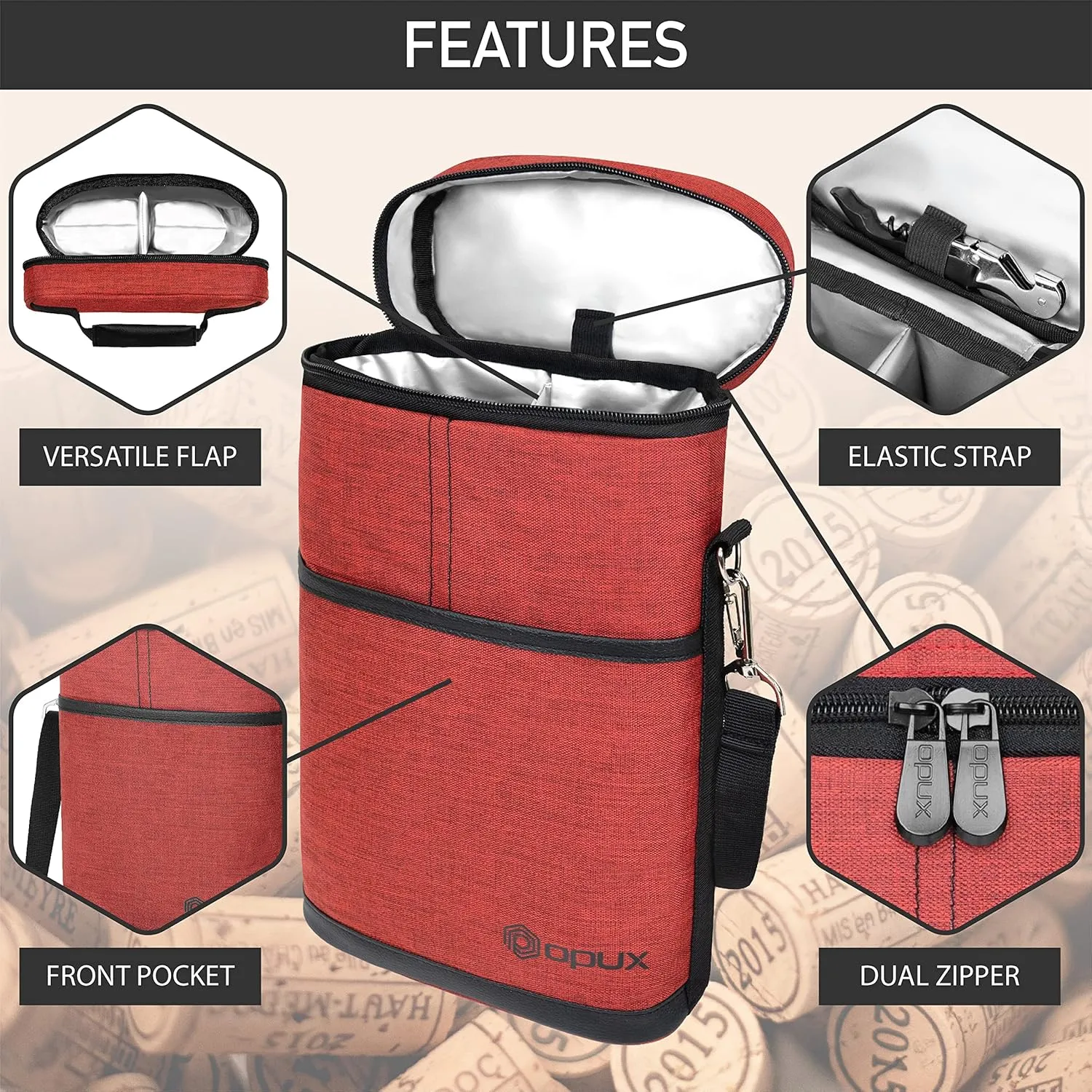 opux 2 Bottle Wine Carrier Tote, Insulated Leakproof Wine Cooler Bag, Wine Travel Bag for Picnic BYOB Beach, Portable Wine Bottle Carrying Case, Gift for Wine Lover Women Men Christmas, Red