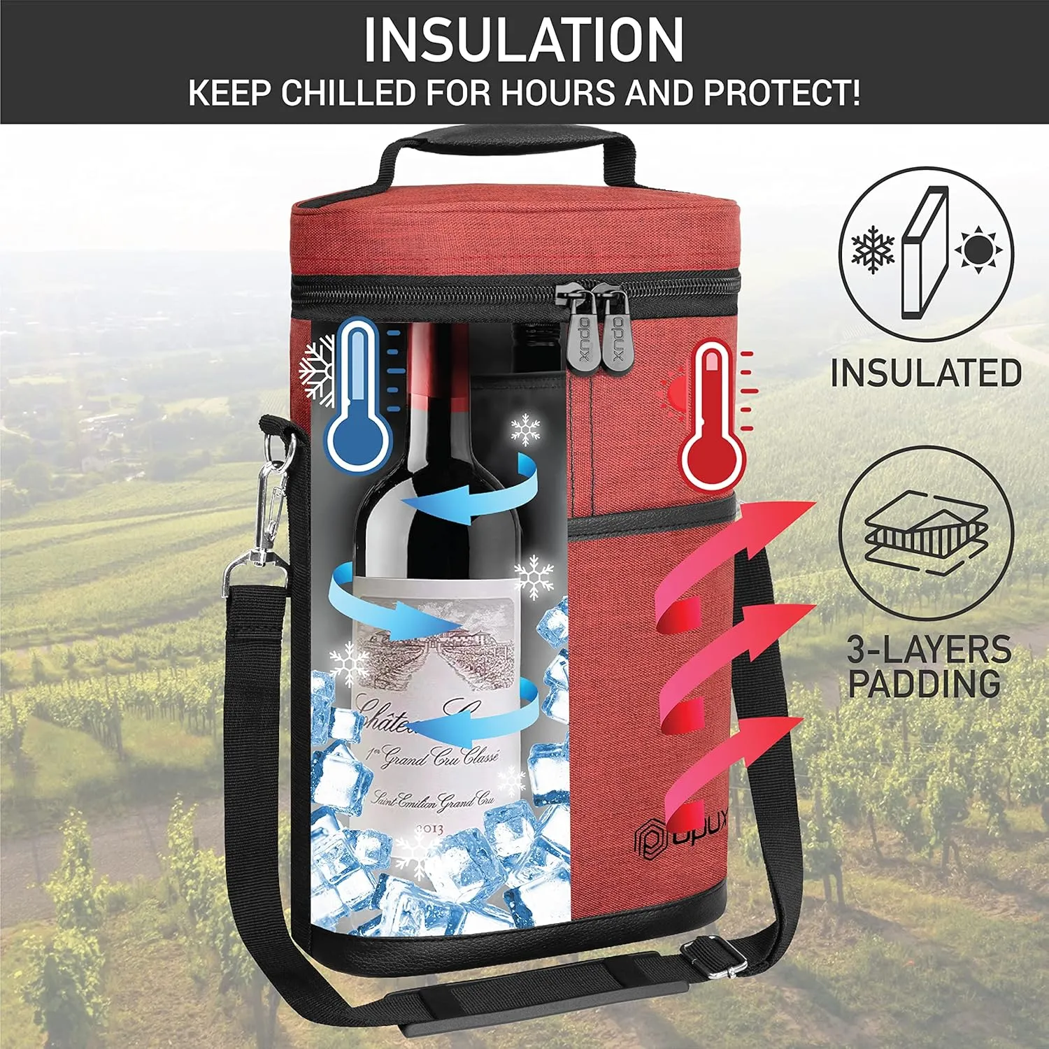 opux 2 Bottle Wine Carrier Tote, Insulated Leakproof Wine Cooler Bag, Wine Travel Bag for Picnic BYOB Beach, Portable Wine Bottle Carrying Case, Gift for Wine Lover Women Men Christmas, Red