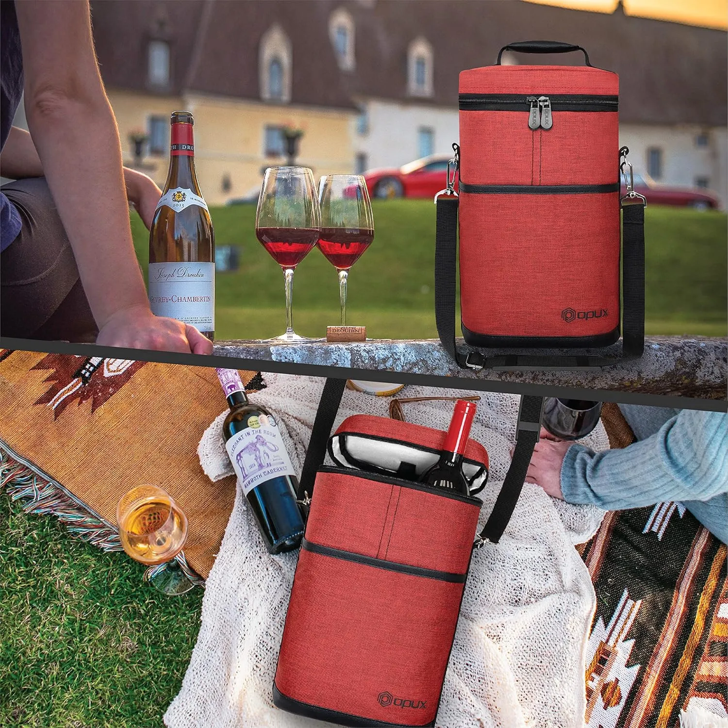 opux 2 Bottle Wine Carrier Tote, Insulated Leakproof Wine Cooler Bag, Wine Travel Bag for Picnic BYOB Beach, Portable Wine Bottle Carrying Case, Gift for Wine Lover Women Men Christmas, Red