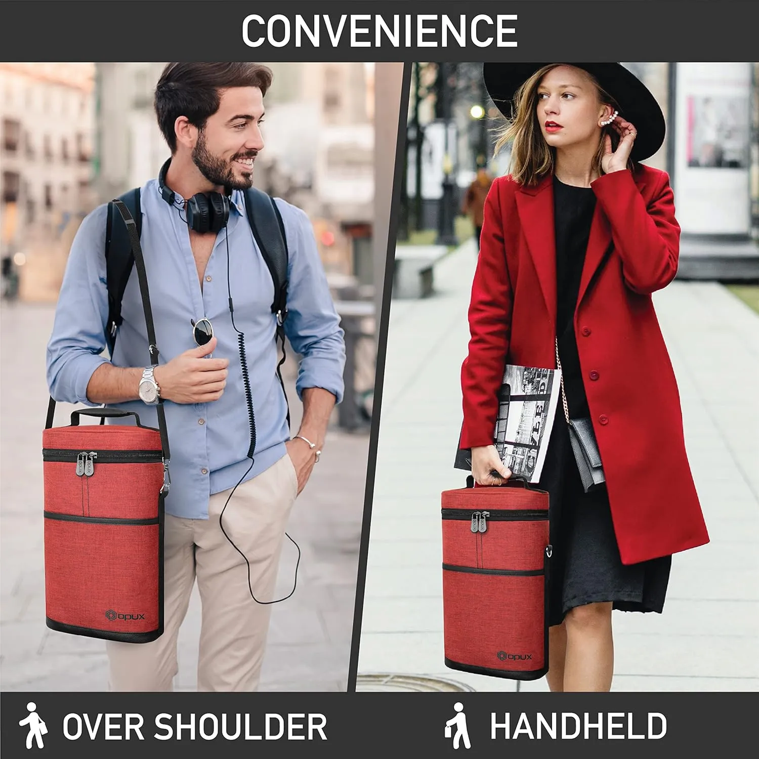 opux 2 Bottle Wine Carrier Tote, Insulated Leakproof Wine Cooler Bag, Wine Travel Bag for Picnic BYOB Beach, Portable Wine Bottle Carrying Case, Gift for Wine Lover Women Men Christmas, Red