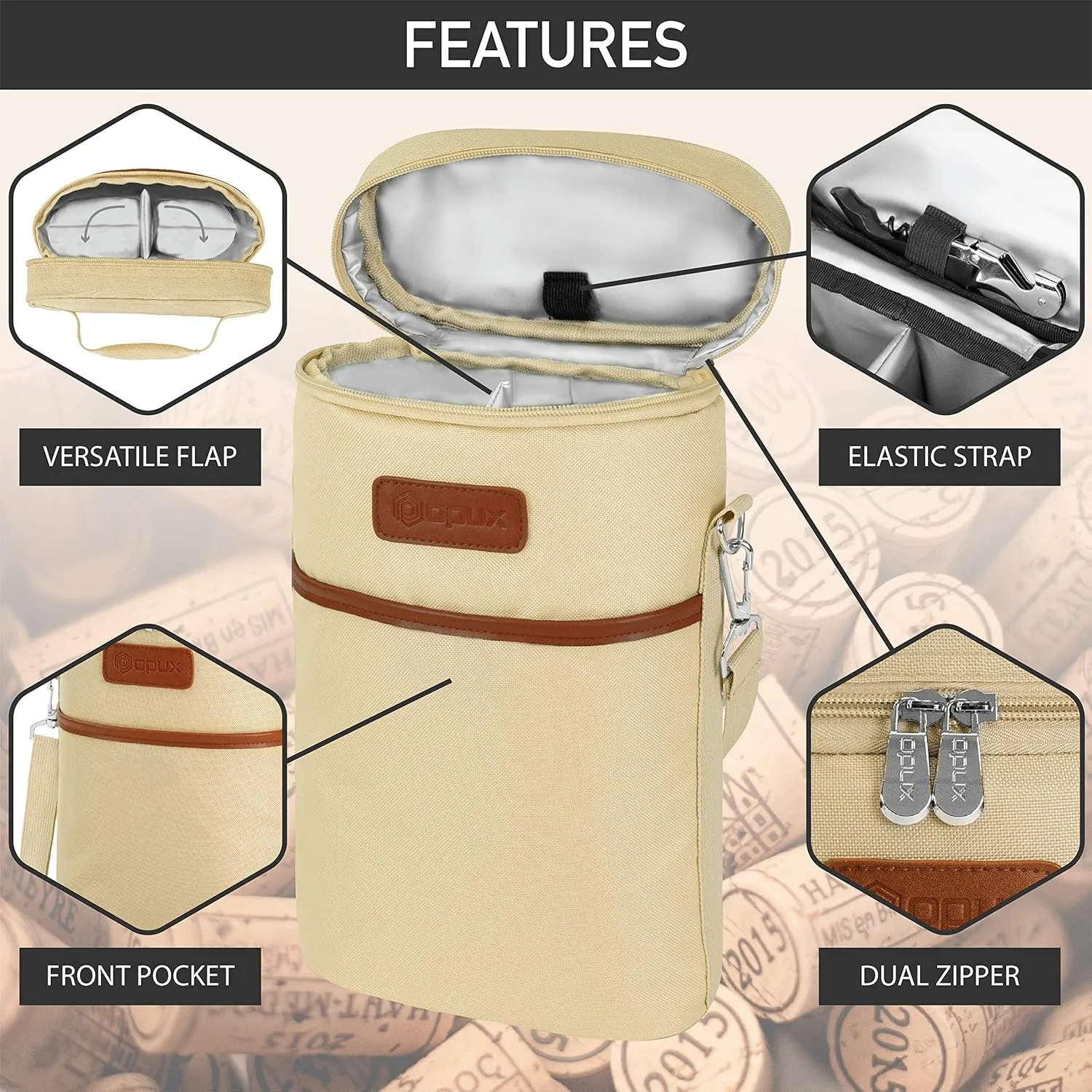 opux 2 Bottle Wine Carrier Tote, Insulated Leakproof Wine Cooler Bag, Wine Travel Bag Tote for Picnic Beach, Portable Wine Bottle Carrying Case, Gift for Wine Lover Women Men Christmas, Cream Beige