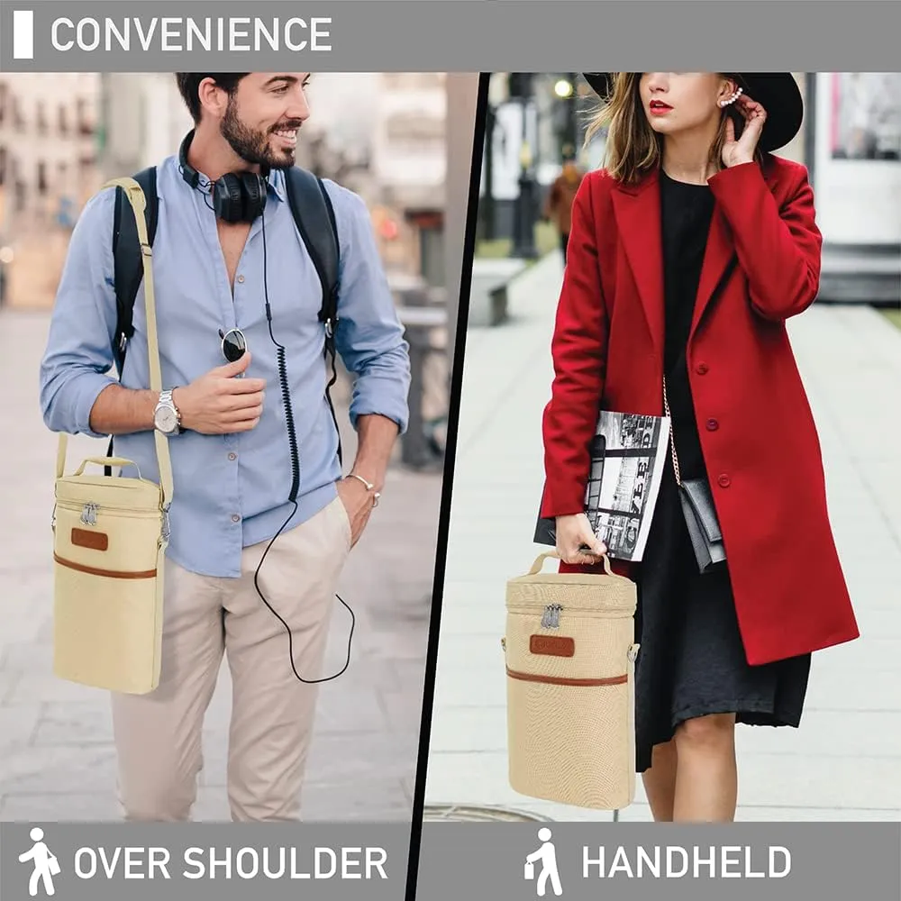 opux 2 Bottle Wine Carrier Tote, Insulated Leakproof Wine Cooler Bag, Wine Travel Bag Tote for Picnic Beach, Portable Wine Bottle Carrying Case, Gift for Wine Lover Women Men Christmas, Cream Beige