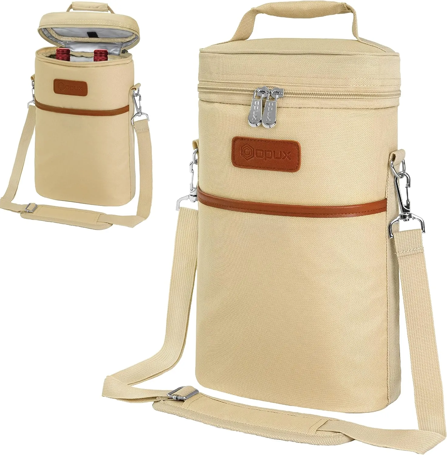 opux 2 Bottle Wine Carrier Tote, Insulated Leakproof Wine Cooler Bag, Wine Travel Bag Tote for Picnic Beach, Portable Wine Bottle Carrying Case, Gift for Wine Lover Women Men Christmas, Cream Beige