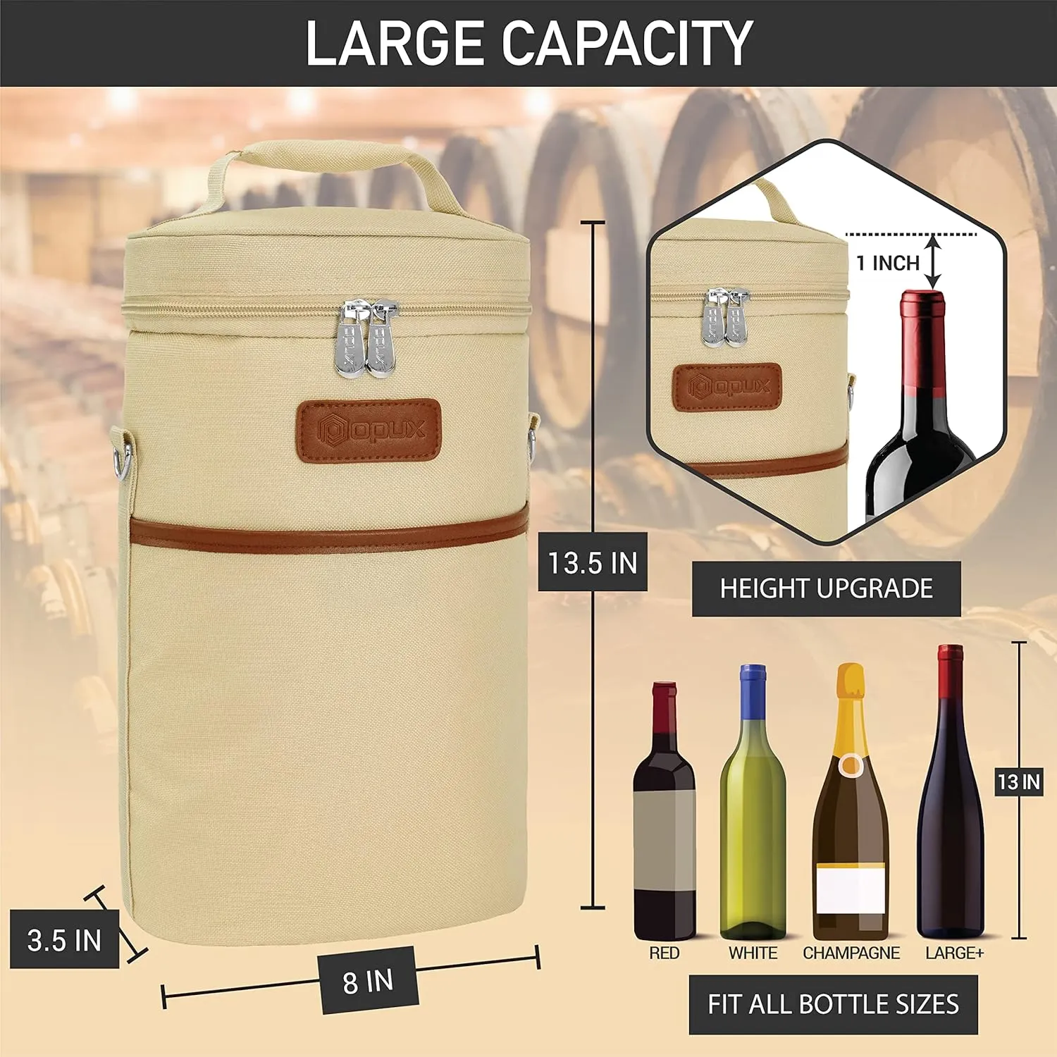 opux 2 Bottle Wine Carrier Tote, Insulated Leakproof Wine Cooler Bag, Wine Travel Bag Tote for Picnic Beach, Portable Wine Bottle Carrying Case, Gift for Wine Lover Women Men Christmas, Cream Beige