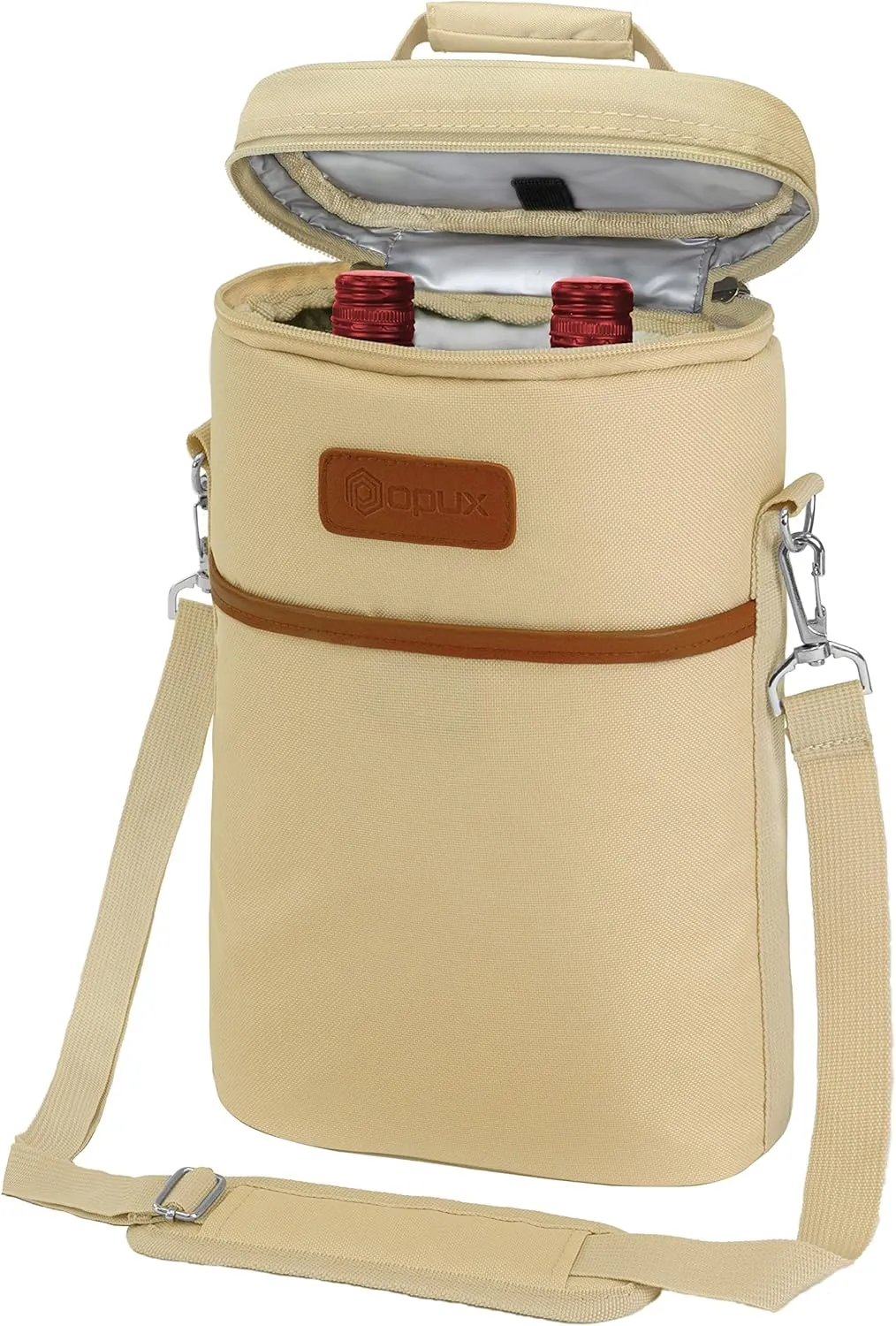 opux 2 Bottle Wine Carrier Tote, Insulated Leakproof Wine Cooler Bag, Wine Travel Bag Tote for Picnic Beach, Portable Wine Bottle Carrying Case, Gift for Wine Lover Women Men Christmas, Cream Beige