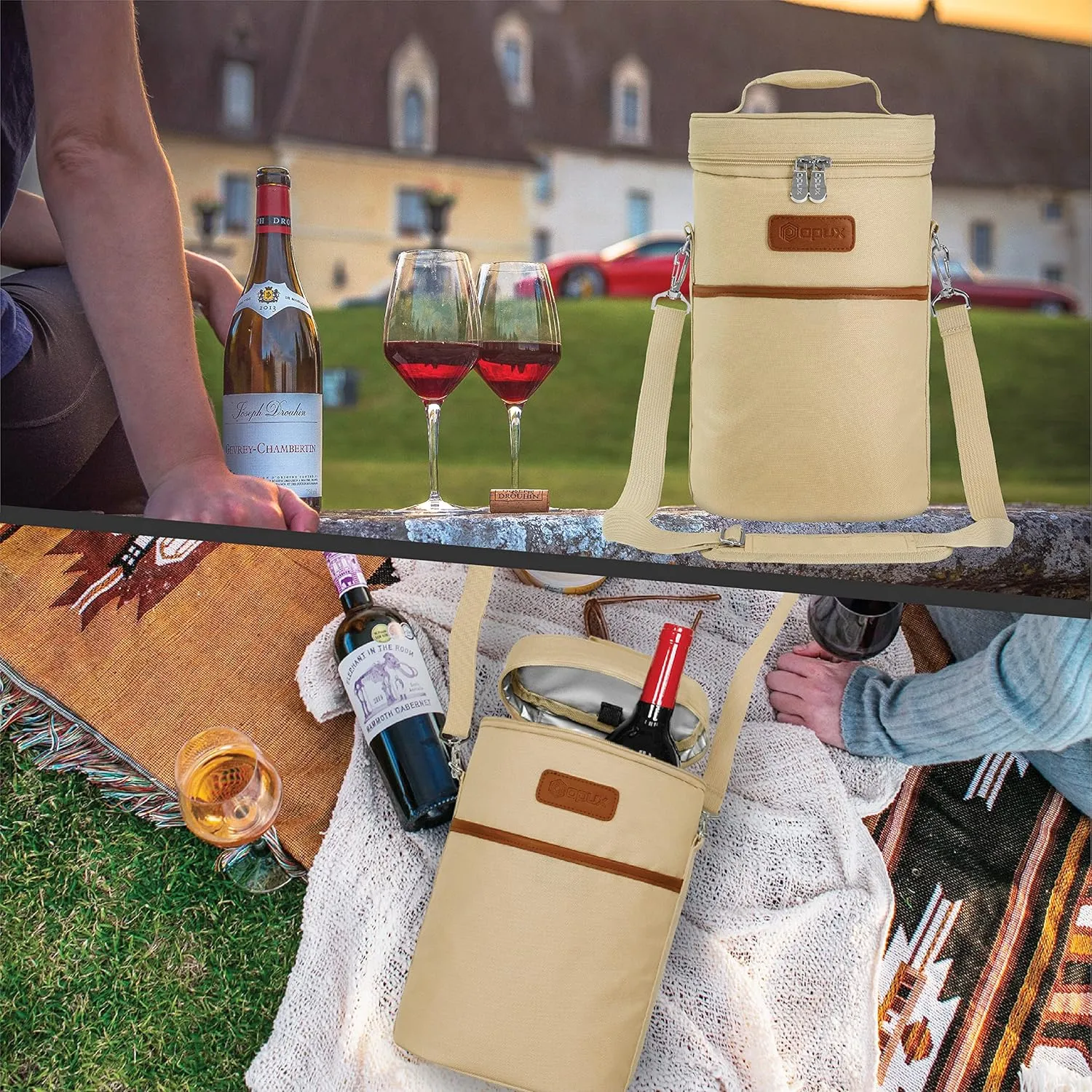 opux 2 Bottle Wine Carrier Tote, Insulated Leakproof Wine Cooler Bag, Wine Travel Bag Tote for Picnic Beach, Portable Wine Bottle Carrying Case, Gift for Wine Lover Women Men Christmas, Cream Beige