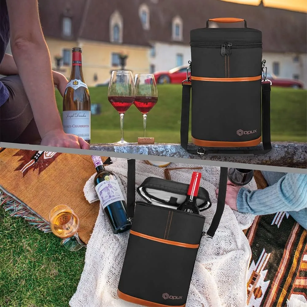 opux 2 Bottle Wine Carrier Tote, Insulated Leakproof Wine Cooler Bag, Wine Travel Bag Tote for Picnic BYOB Beach, Portable Wine Bottle Carrying Case, Gift for Wine Lover Women Men Christmas, Brown