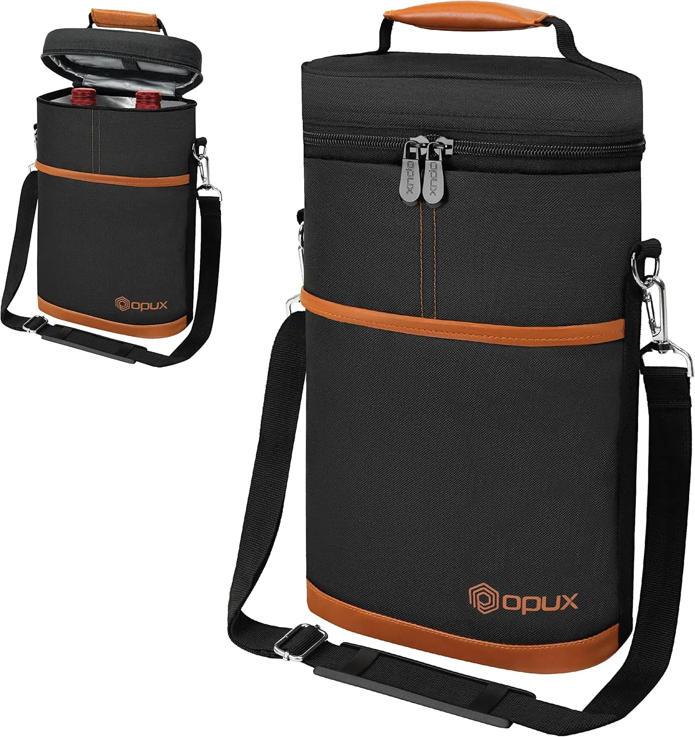 opux 2 Bottle Wine Carrier Tote, Insulated Leakproof Wine Cooler Bag, Wine Travel Bag Tote for Picnic BYOB Beach, Portable Wine Bottle Carrying Case, Gift for Wine Lover Women Men Christmas, Brown
