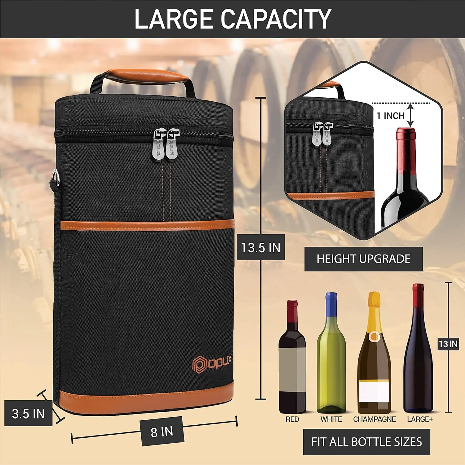 opux 2 Bottle Wine Carrier Tote, Insulated Leakproof Wine Cooler Bag, Wine Travel Bag Tote for Picnic BYOB Beach, Portable Wine Bottle Carrying Case, Gift for Wine Lover Women Men Christmas, Brown