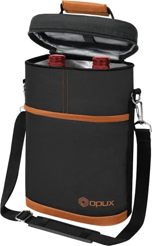 opux 2 Bottle Wine Carrier Tote, Insulated Leakproof Wine Cooler Bag, Wine Travel Bag Tote for Picnic BYOB Beach, Portable Wine Bottle Carrying Case, Gift for Wine Lover Women Men Christmas, Brown