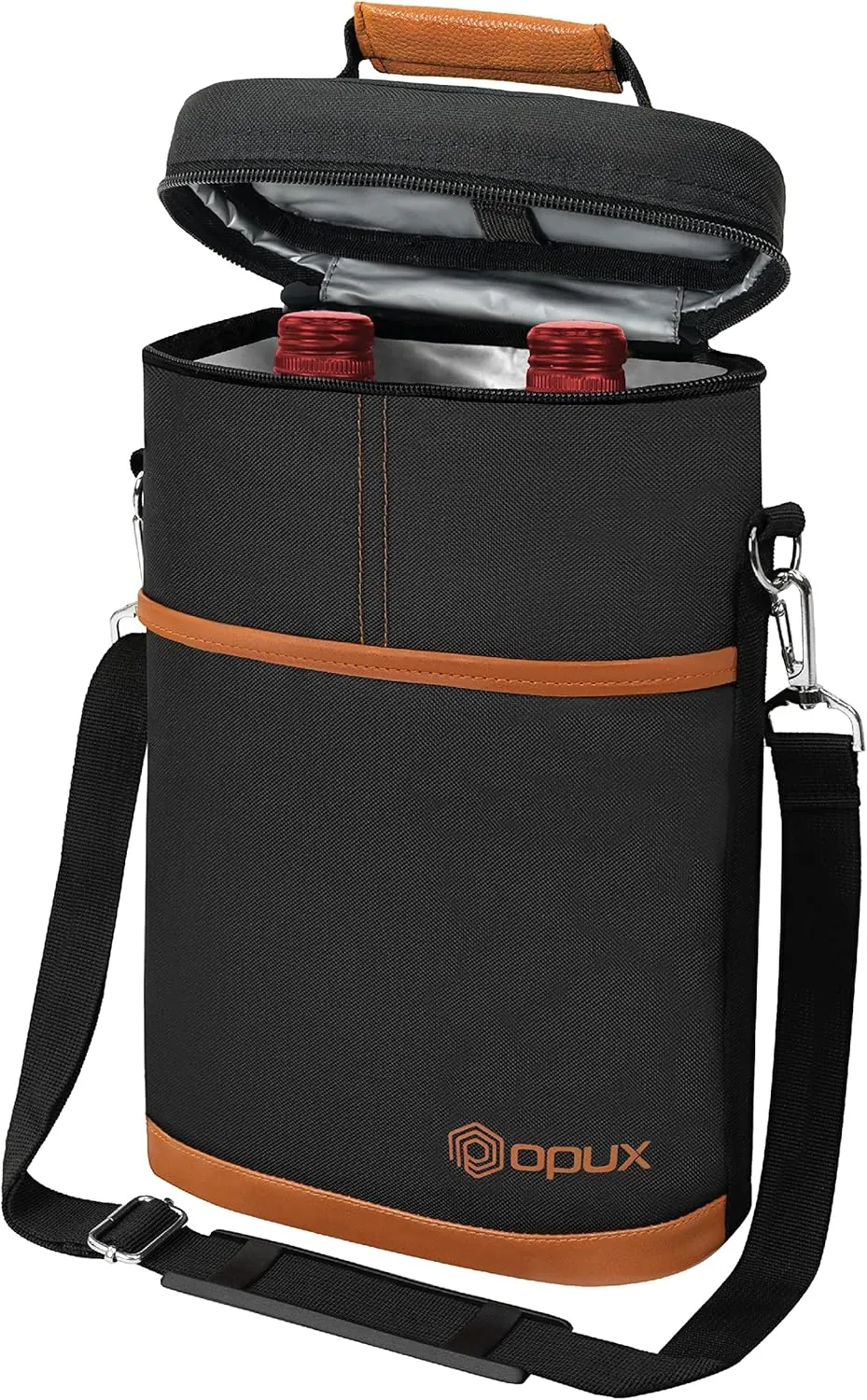 opux 2 Bottle Wine Carrier Tote, Insulated Leakproof Wine Cooler Bag, Wine Travel Bag Tote for Picnic BYOB Beach, Portable Wine Bottle Carrying Case, Gift for Wine Lover Women Men Christmas, Brown