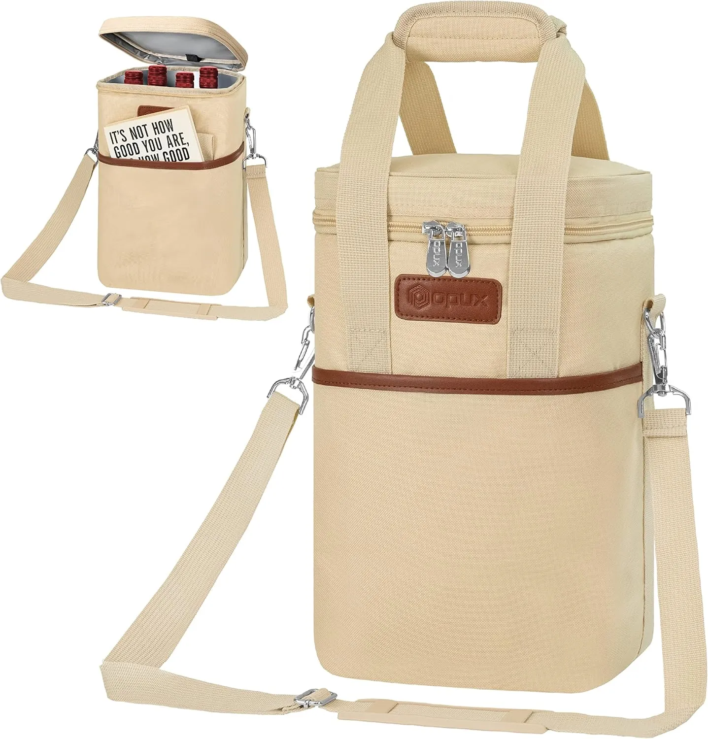 Opux 4 Bottle Insulated Wine Cooler Bag - Leakproof Padded Portable Wine Bottle Carrier for Travel Picnic BYOB Gift (Beige Cream)