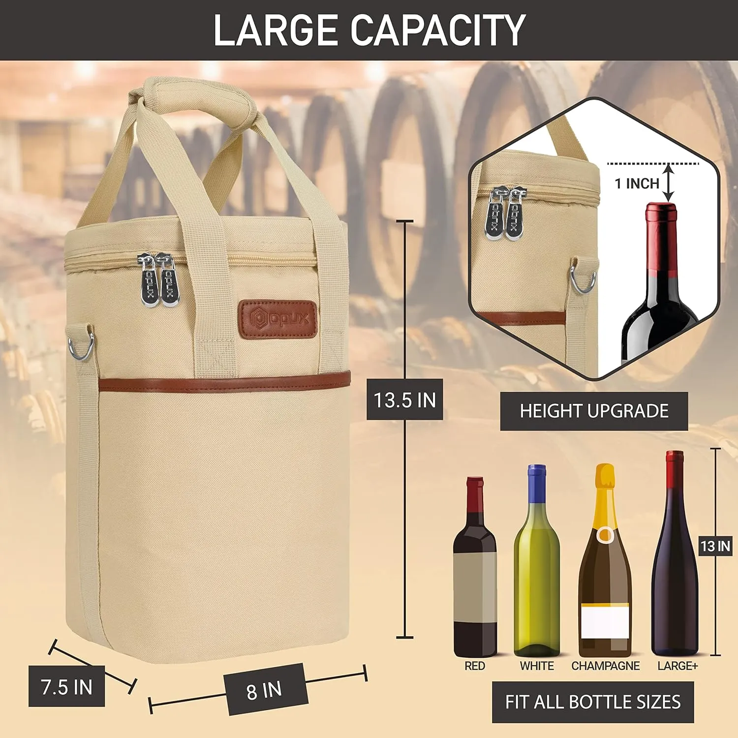 Opux 4 Bottle Insulated Wine Cooler Bag - Leakproof Padded Portable Wine Bottle Carrier for Travel Picnic BYOB Gift (Beige Cream)