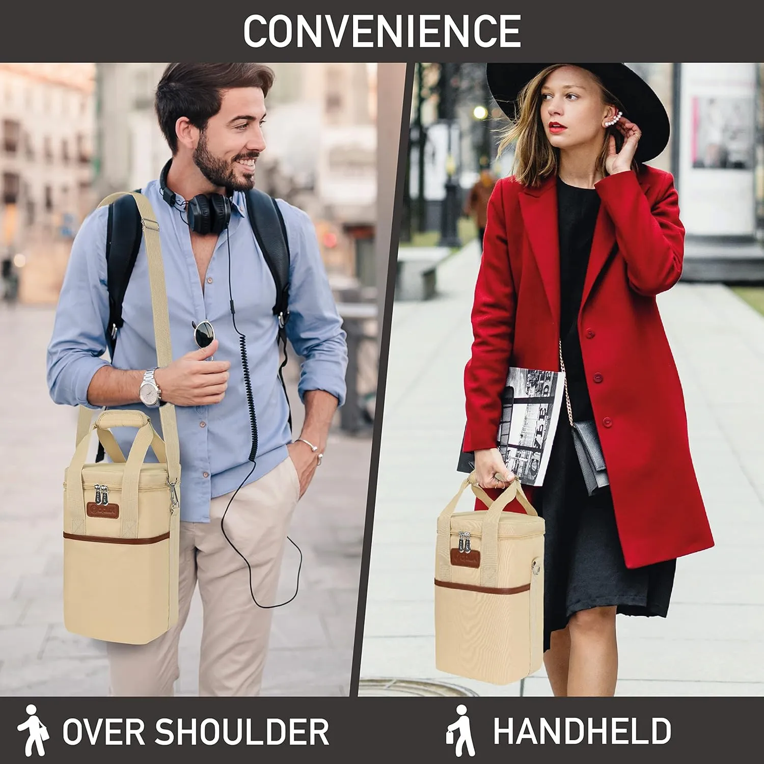Opux 4 Bottle Insulated Wine Cooler Bag - Leakproof Padded Portable Wine Bottle Carrier for Travel Picnic BYOB Gift (Beige Cream)