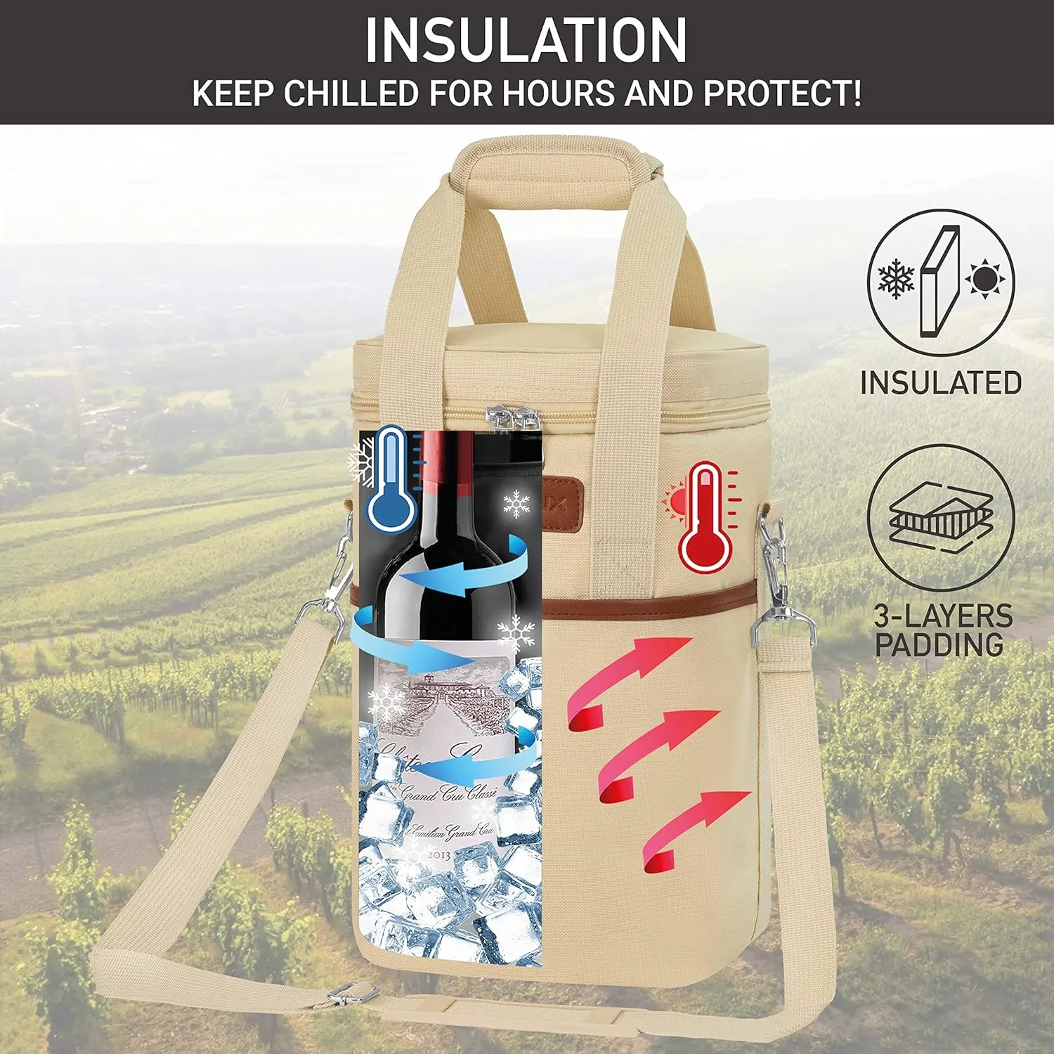 Opux 4 Bottle Insulated Wine Cooler Bag - Leakproof Padded Portable Wine Bottle Carrier for Travel Picnic BYOB Gift (Beige Cream)