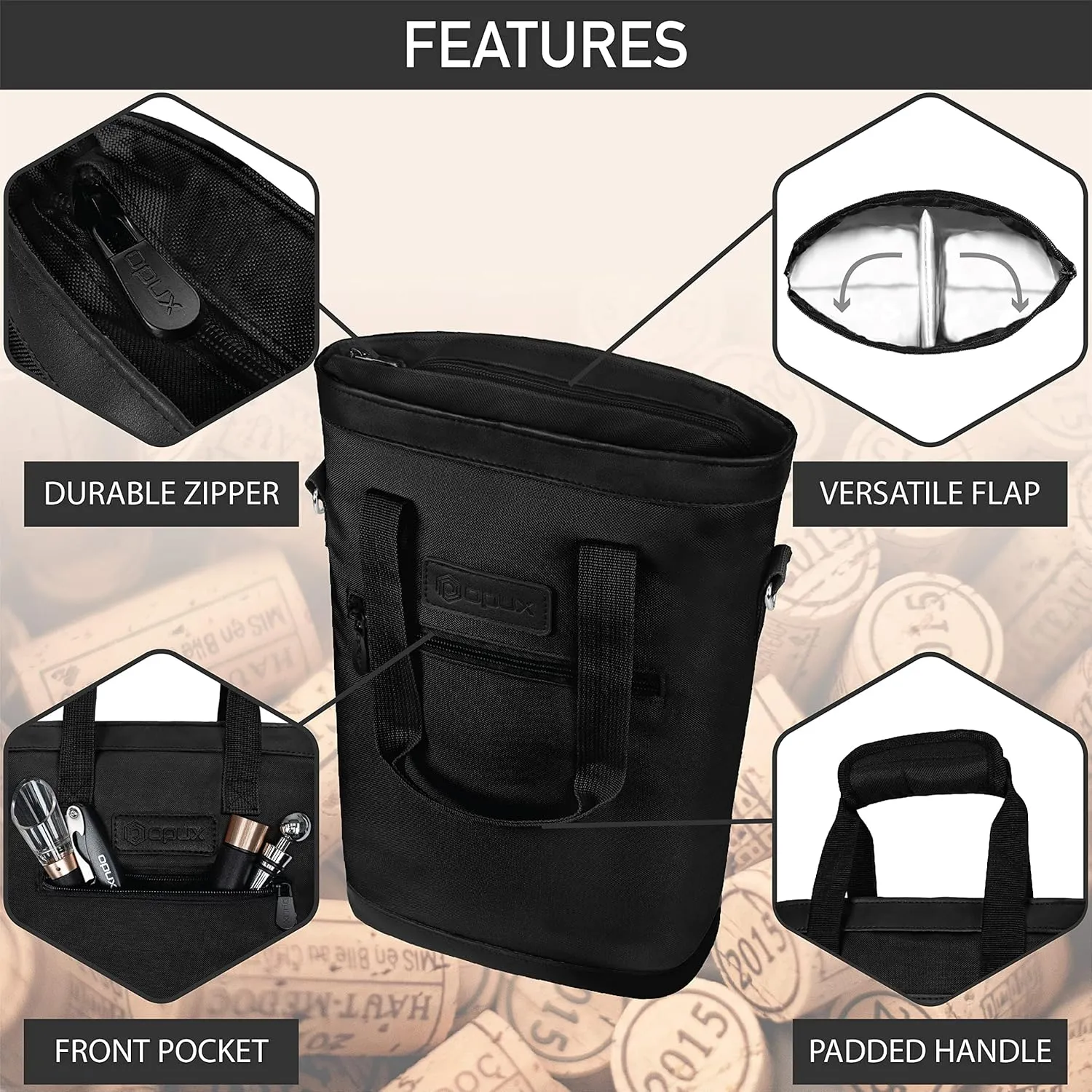 opux Two Bottle Wine Bag Carrier Tote, Insulated Leakproof 2 Bottle Wine Cooler Bag for Travel BYOB Picnic, Portable Wine Case, Gift for Men Women Wine Lover Birthday Party Christmas, Black