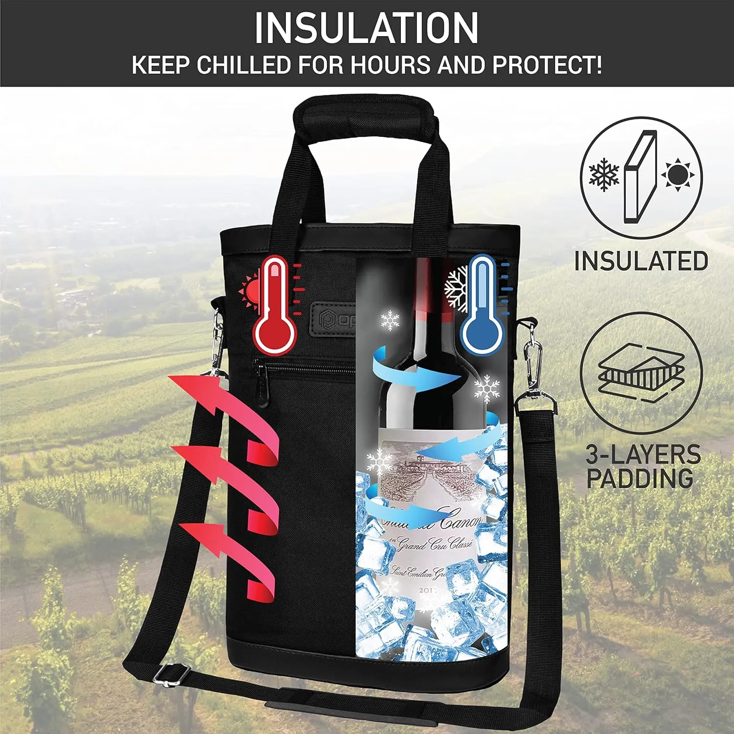 opux Two Bottle Wine Bag Carrier Tote, Insulated Leakproof 2 Bottle Wine Cooler Bag for Travel BYOB Picnic, Portable Wine Case, Gift for Men Women Wine Lover Birthday Party Christmas, Black