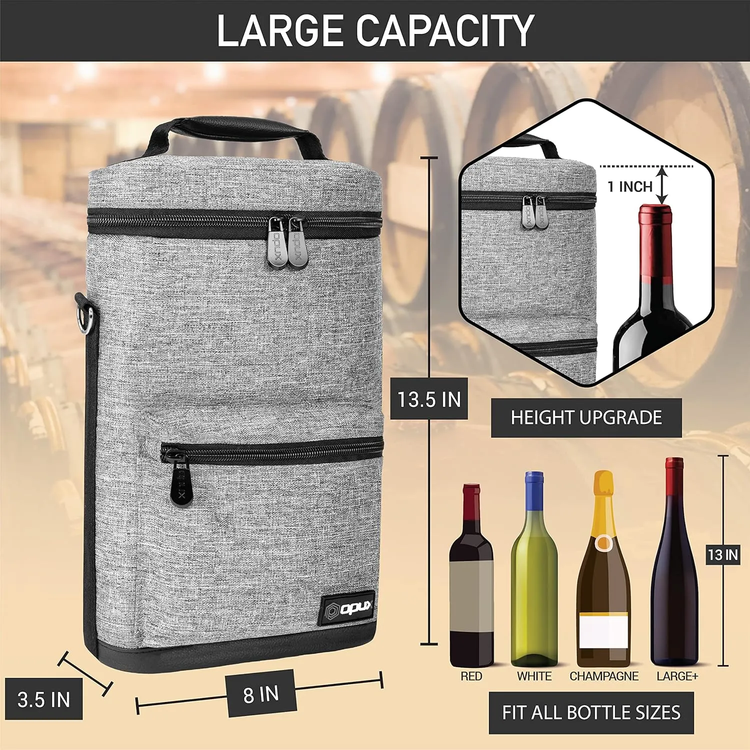 opux Wine Bag 2 Bottle Wine Tote Carrier, Insulated Wine Cooler Bag for Travel Picnic, Leakproof Portable Padded Case, Wine Gifts For Women Men Wine Lovers Christmas, Heather Gray