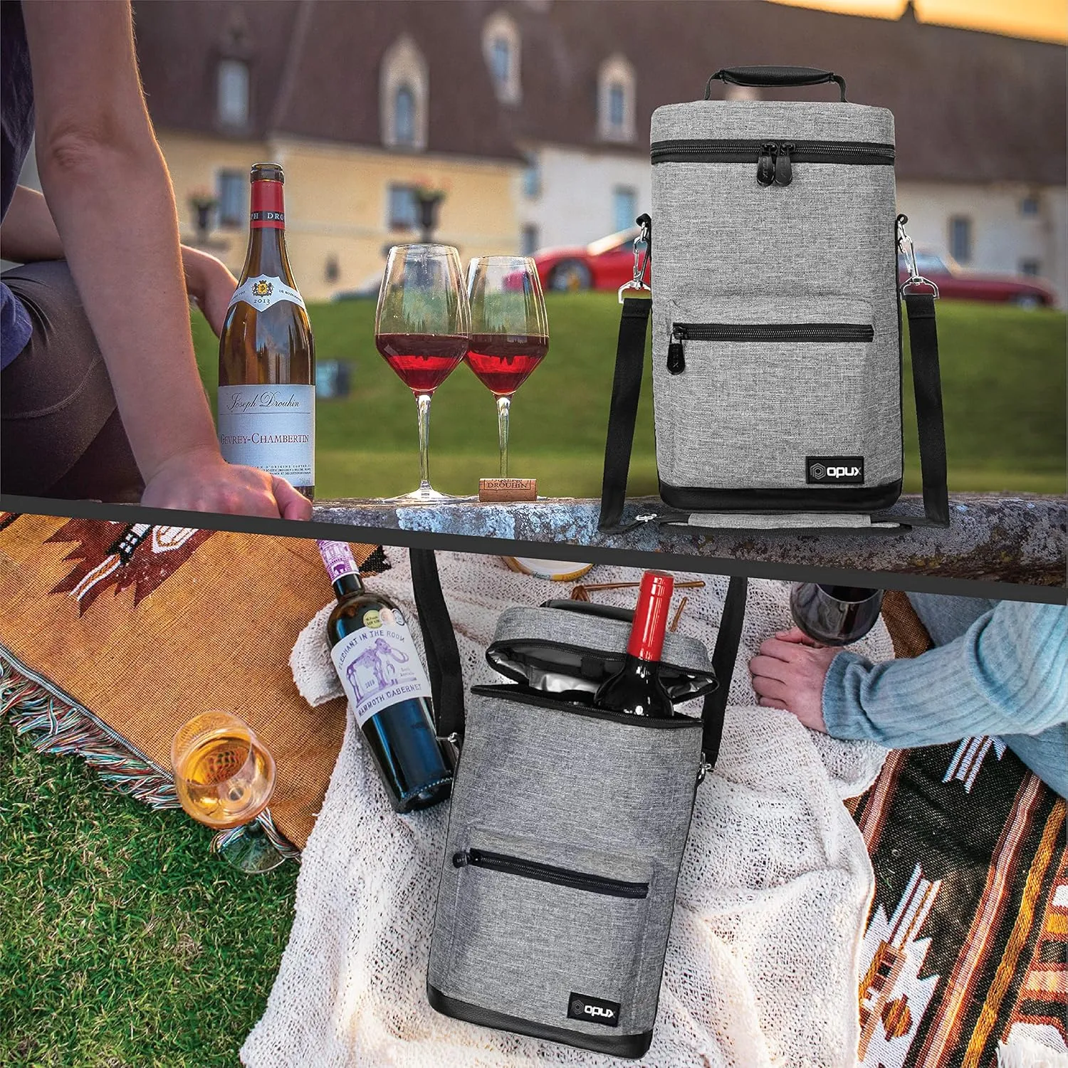 opux Wine Bag 2 Bottle Wine Tote Carrier, Insulated Wine Cooler Bag for Travel Picnic, Leakproof Portable Padded Case, Wine Gifts For Women Men Wine Lovers Christmas, Heather Gray