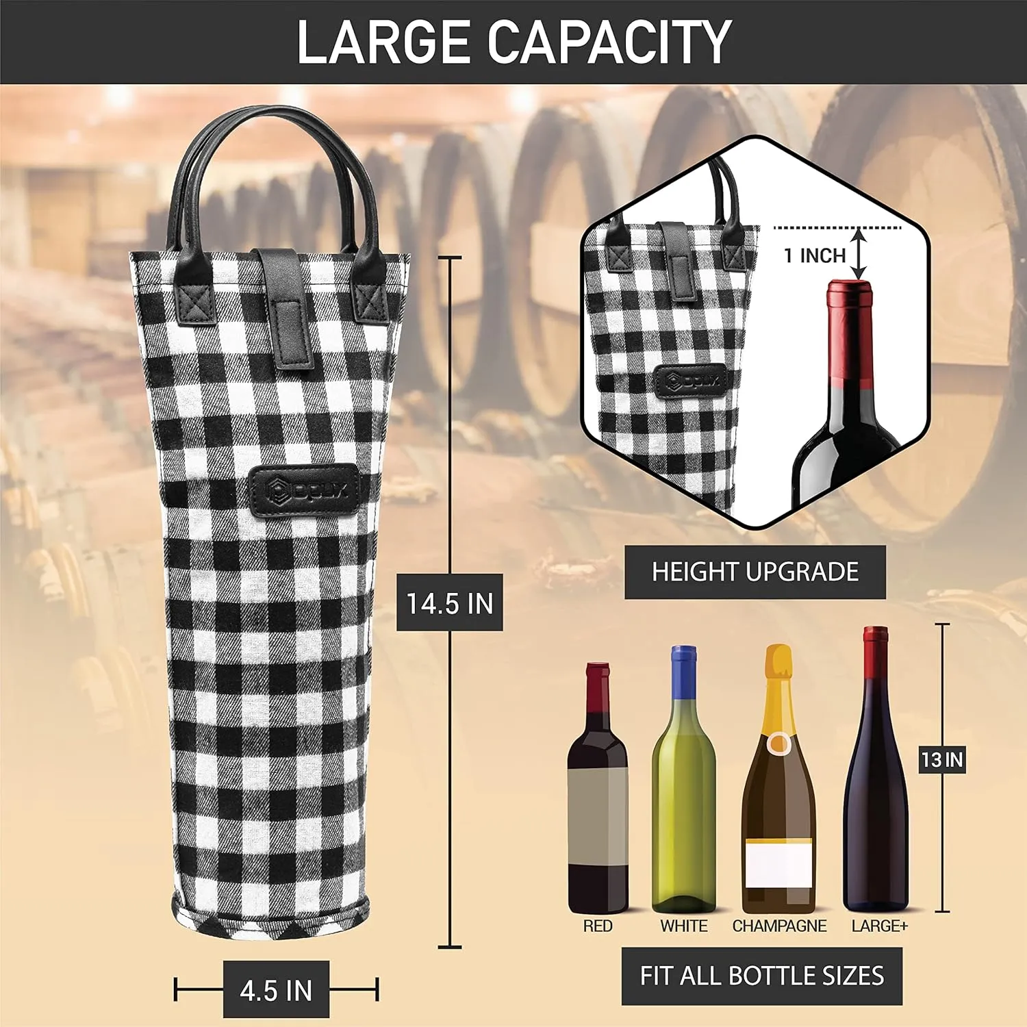 OPUX Wine Bag Single Bottle Carrier Tote, Insulated Travel Wine Cooler Bag for Picnic Beach Gift, Thermal Padded Portable One Bottle Holder Carrying Case for Women Men Wine Lovers, Plaid Buffalo White