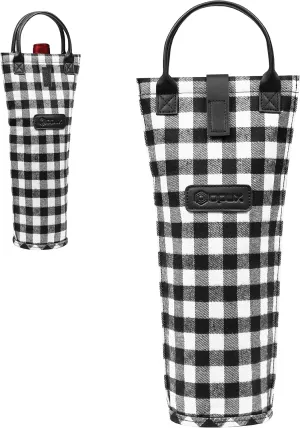 OPUX Wine Bag Single Bottle Carrier Tote, Insulated Travel Wine Cooler Bag for Picnic Beach Gift, Thermal Padded Portable One Bottle Holder Carrying Case for Women Men Wine Lovers, Plaid Buffalo White