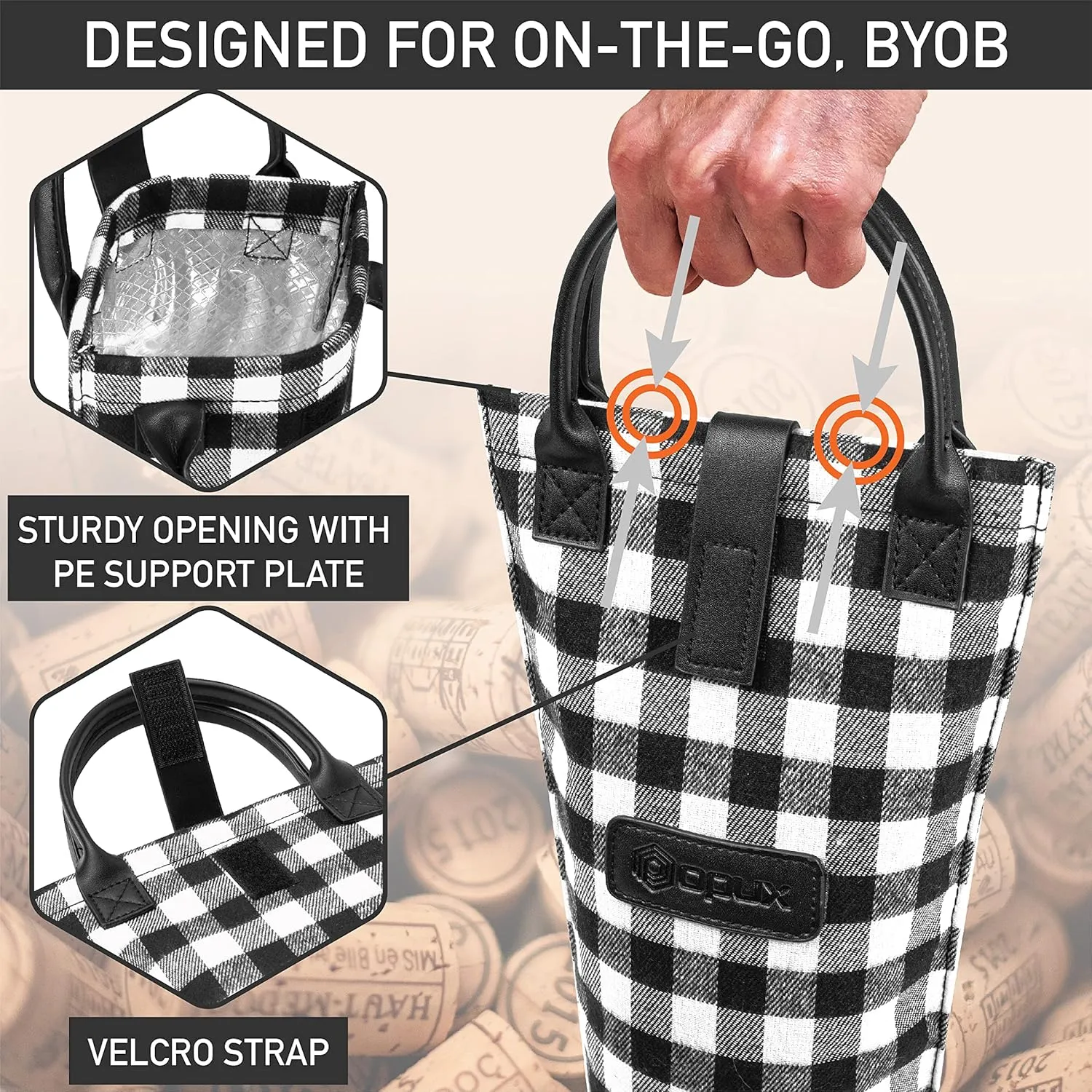 OPUX Wine Bag Single Bottle Carrier Tote, Insulated Travel Wine Cooler Bag for Picnic Beach Gift, Thermal Padded Portable One Bottle Holder Carrying Case for Women Men Wine Lovers, Plaid Buffalo White