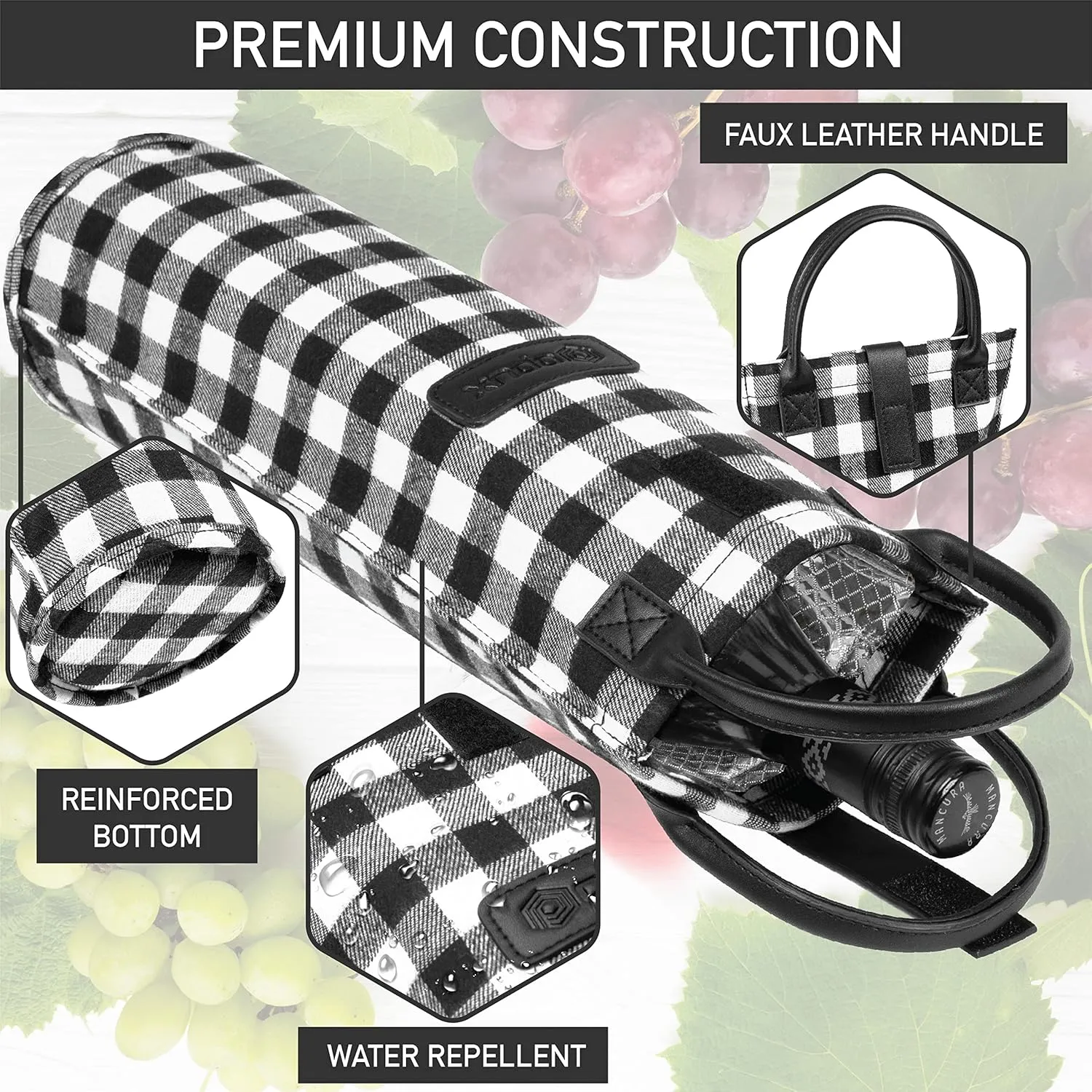 OPUX Wine Bag Single Bottle Carrier Tote, Insulated Travel Wine Cooler Bag for Picnic Beach Gift, Thermal Padded Portable One Bottle Holder Carrying Case for Women Men Wine Lovers, Plaid Buffalo White