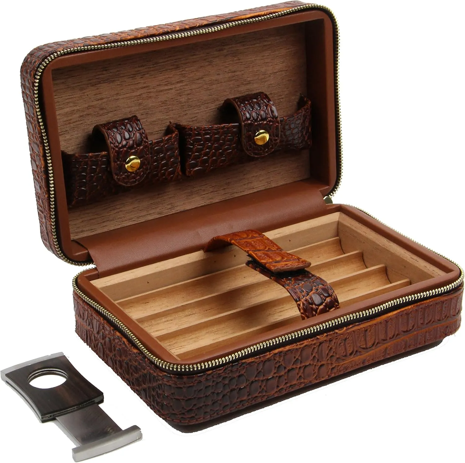 Orange Sun Crocodile Leather Travel Humidor Case Cedar Wood Lined 4 Fingers Holder With Cutter (ORANGE SUN)