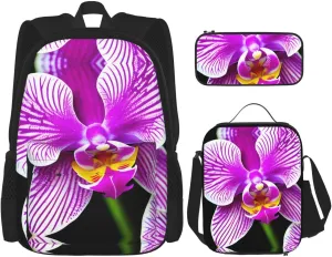 Orchid Flower Print Stylish Travel Backpack And Lunch Box Set,600d Oxford Fabric,With Insulated Lunch Bag