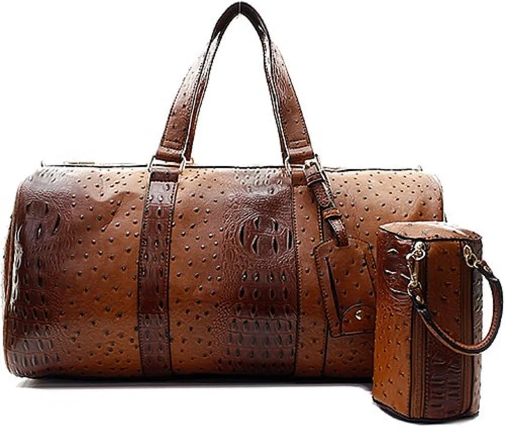 Ostrich Vegan Leather Large Carry On Duffel Bag Luggage Tag and Pouch
