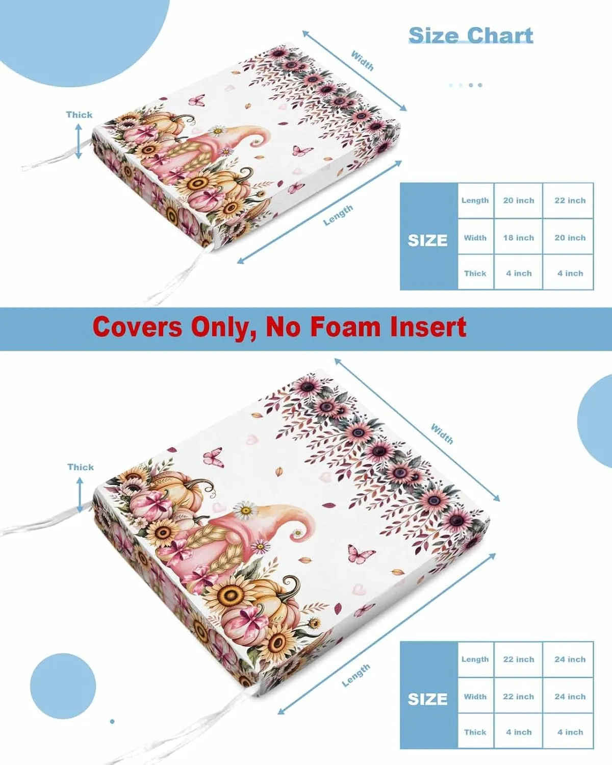 Outdoor Waterproof Cushion Covers Funny Garden Dwarf Pumpkin Replacement Stretch Seat Slipcover for Patio, Pastoral Pink Flowers Butterflies Chair Couch Sofa Covers Protector Set of 2,22x20IN
