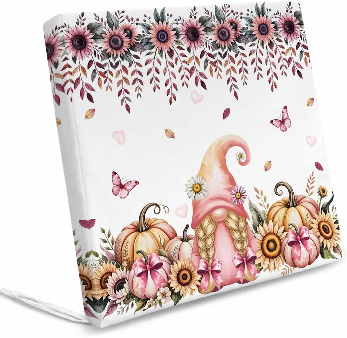 Outdoor Waterproof Cushion Covers Funny Garden Dwarf Pumpkin Replacement Stretch Seat Slipcover for Patio, Pastoral Pink Flowers Butterflies Chair Couch Sofa Covers Protector Set of 2,22x20IN