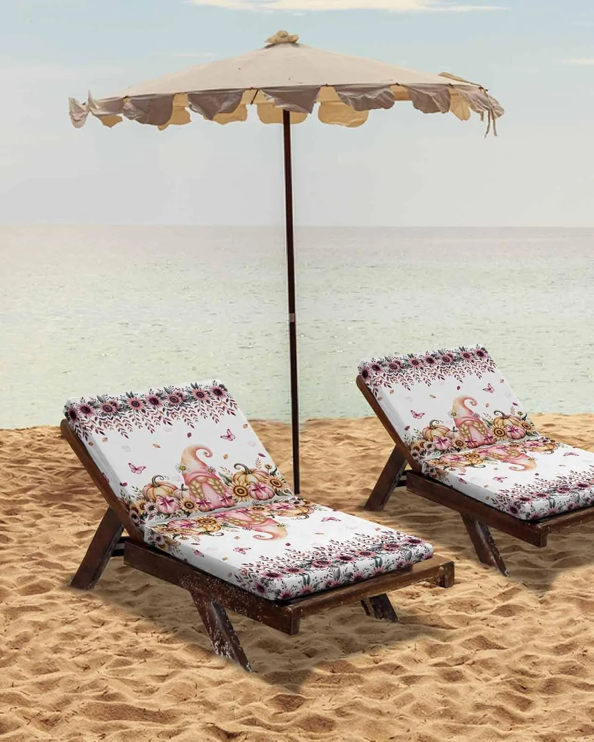 Outdoor Waterproof Cushion Covers Funny Garden Dwarf Pumpkin Replacement Stretch Seat Slipcover for Patio, Pastoral Pink Flowers Butterflies Chair Couch Sofa Covers Protector Set of 2,22x20IN