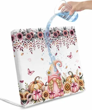 Outdoor Waterproof Cushion Covers Funny Garden Dwarf Pumpkin Replacement Stretch Seat Slipcover for Patio, Pastoral Pink Flowers Butterflies Chair Couch Sofa Covers Protector Set of 2,22x20IN