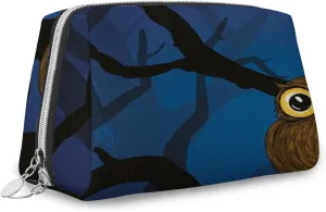 Owl,Makeup Bags for Women,Owl Sitting on A Tree Cartoon,Leather Cosmetic Bag Toiletry Bag Travel Case Waterproof Makeup Pouch,Dark Blue,S