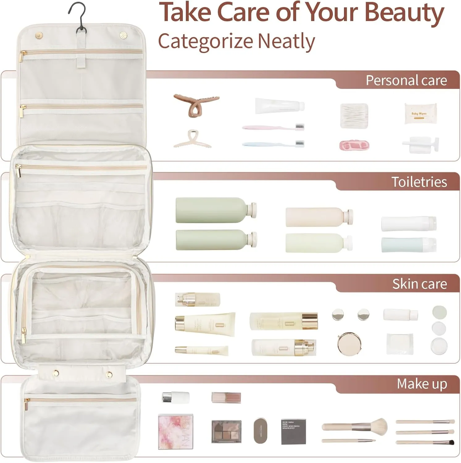 PACKISM Hanging Travel Bag for Traveling - Soft PU Leather Waterproof Travel Toiletry Bag for Full-Sized Toiletries, with Inner Pockets for Small Items, U Wide Open and Detachable Bag, Off White (L)